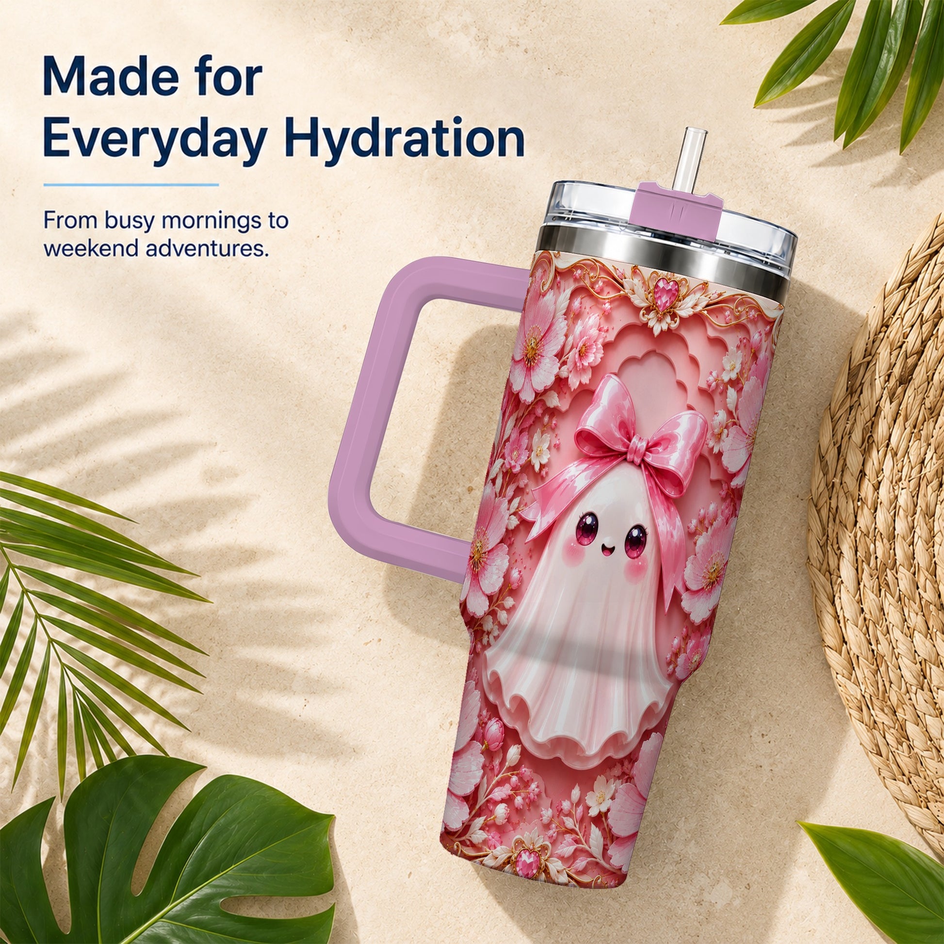 #pl[40oz|Pink] Pink Ghost 40oz Tumbler, Floral Bow Kawaii Stainless Steel Travel Cup