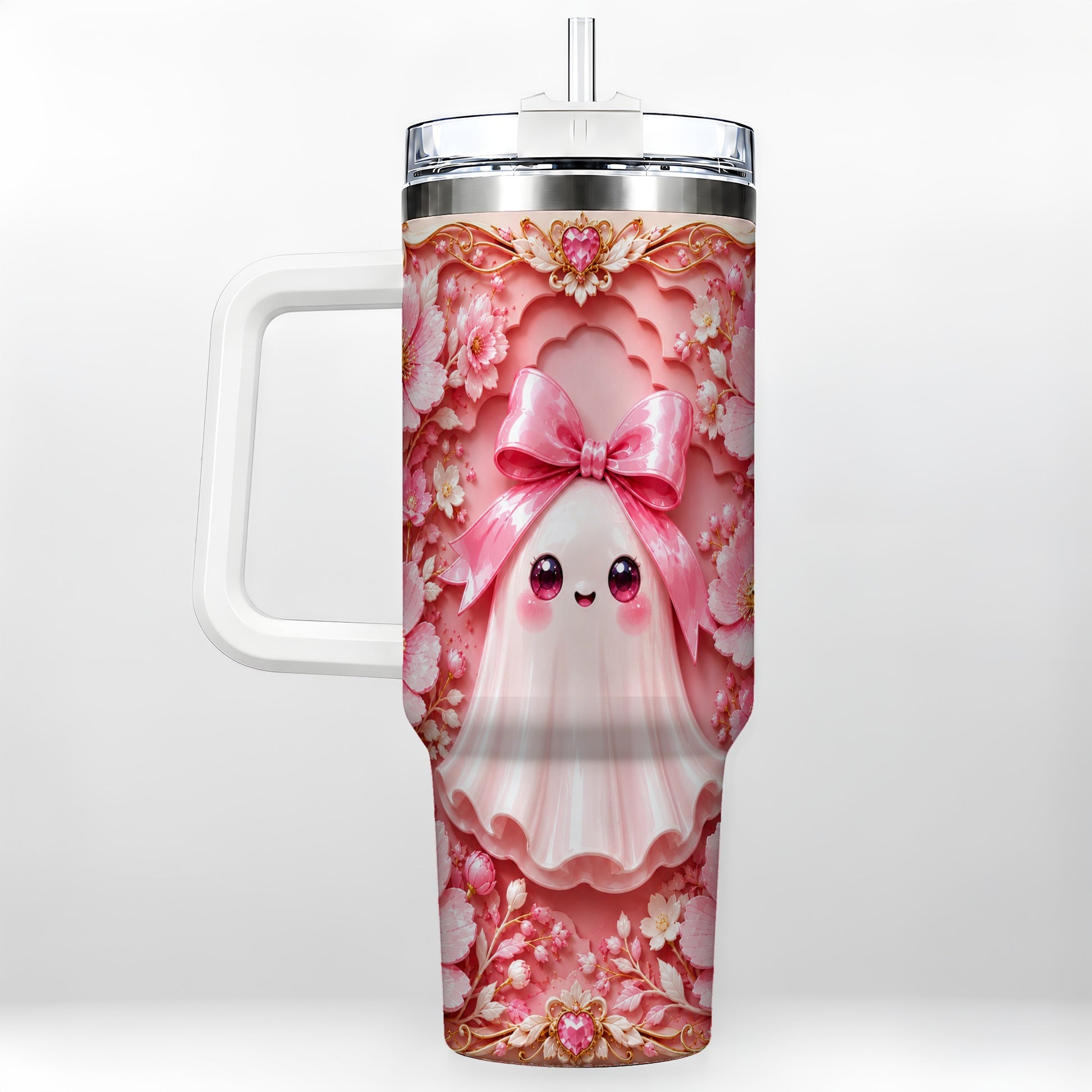 #pl[40oz|White] Pink Ghost 40oz Tumbler, Floral Bow Kawaii Stainless Steel Travel Cup