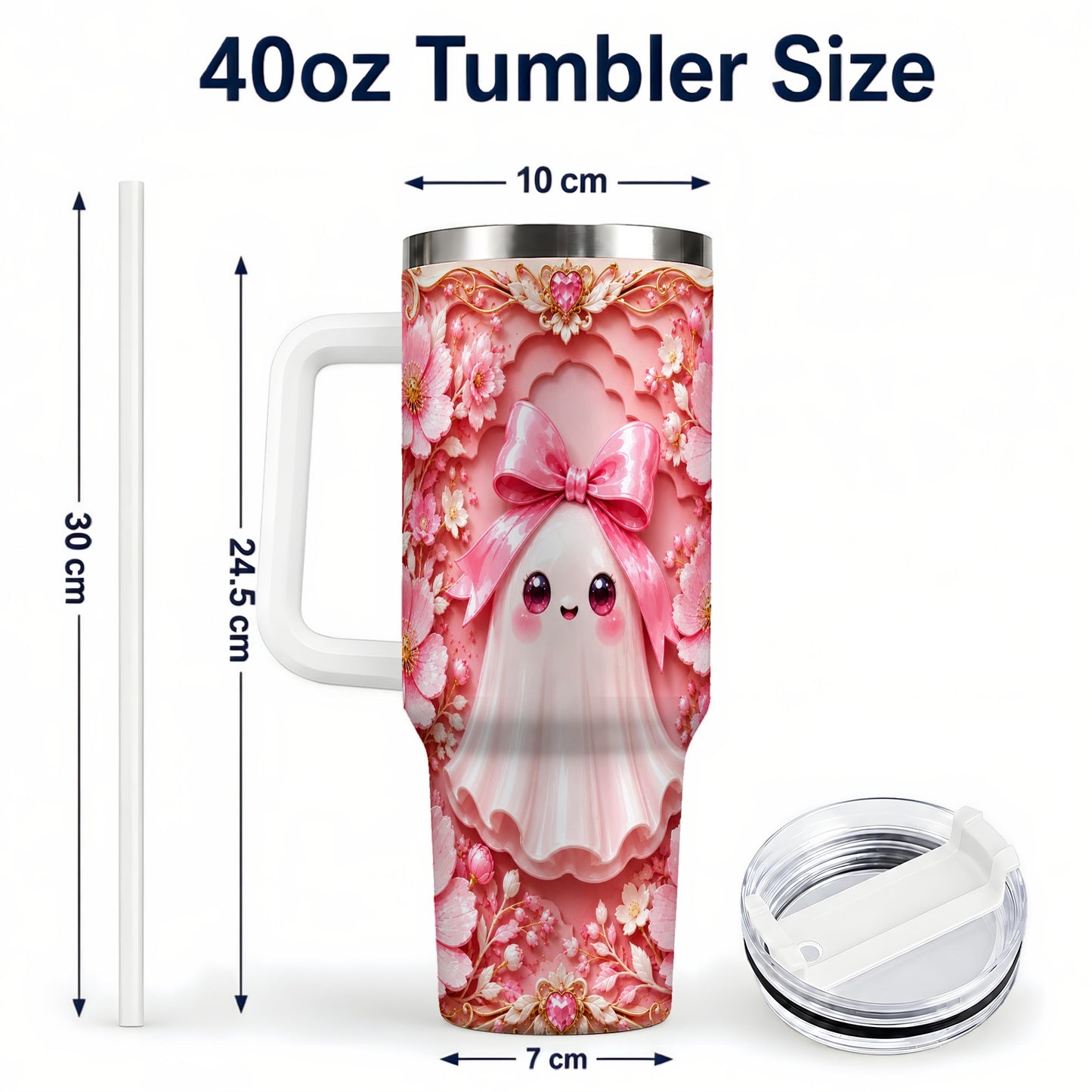 #pl[40oz|White] Pink Ghost 40oz Tumbler, Floral Bow Kawaii Stainless Steel Travel Cup