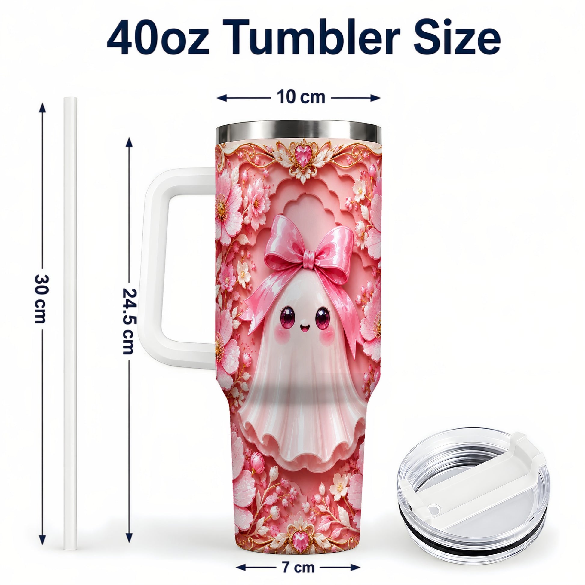 #pl[40oz|White] Pink Ghost 40oz Tumbler, Floral Bow Kawaii Stainless Steel Travel Cup
