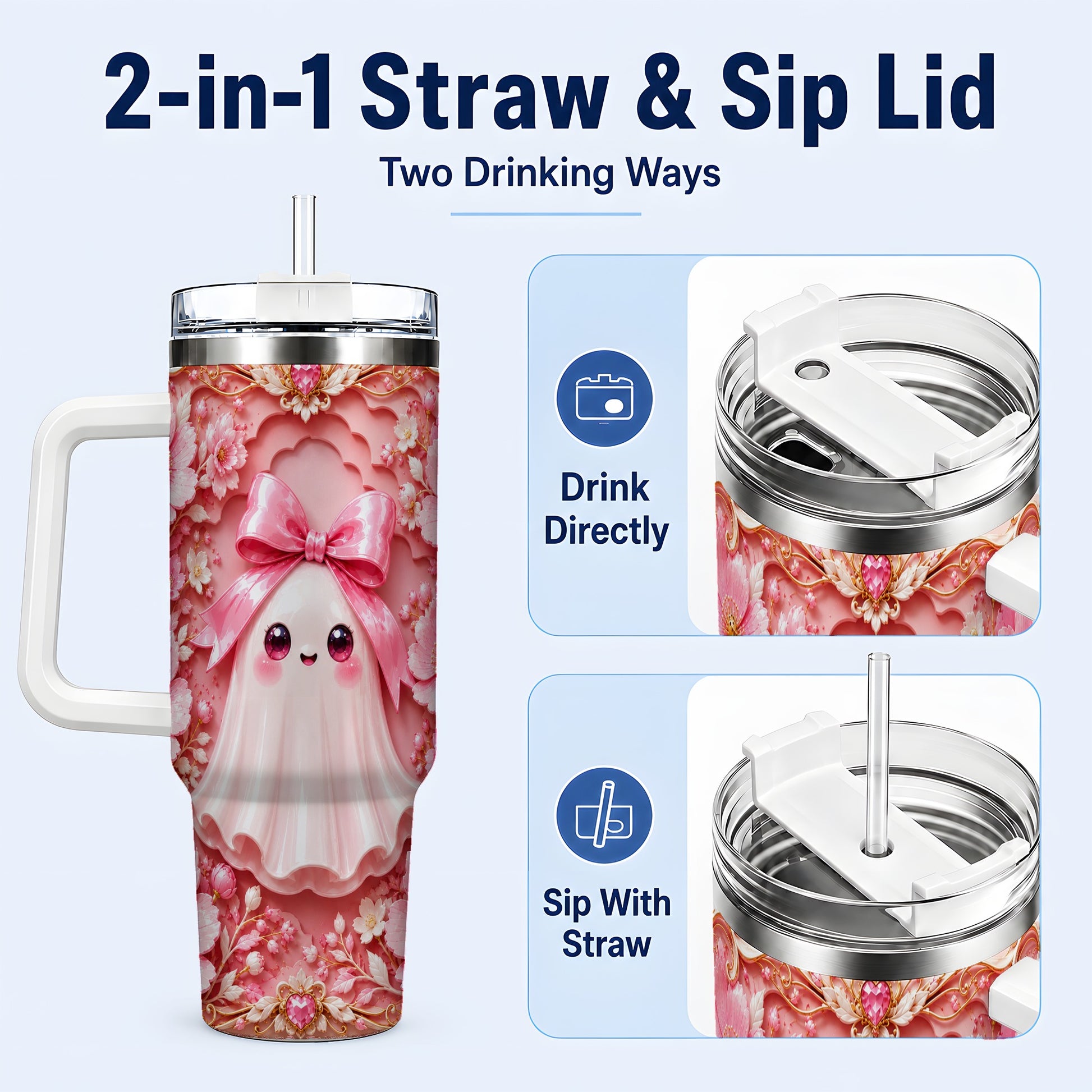 #pl[40oz|White] Pink Ghost 40oz Tumbler, Floral Bow Kawaii Stainless Steel Travel Cup