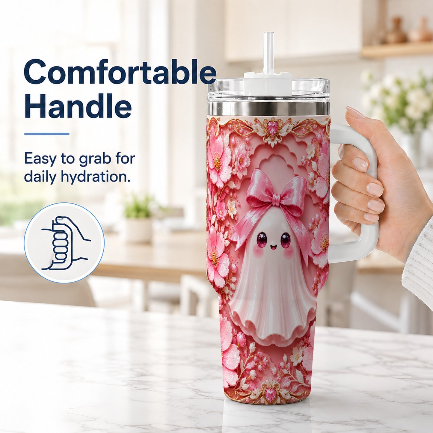 #pl[40oz|White] Pink Ghost 40oz Tumbler, Floral Bow Kawaii Stainless Steel Travel Cup