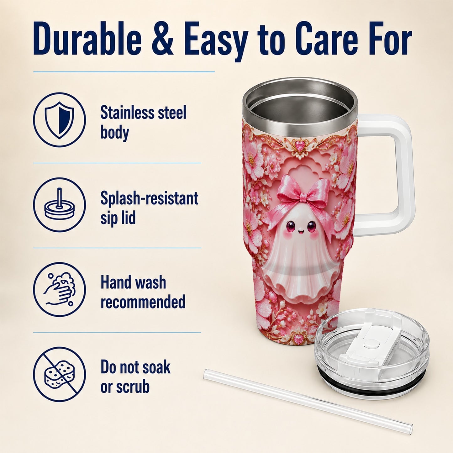 #pl[40oz|White] Pink Ghost 40oz Tumbler, Floral Bow Kawaii Stainless Steel Travel Cup