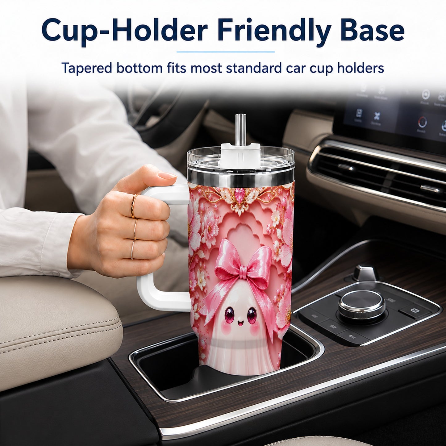 #pl[40oz|White] Pink Ghost 40oz Tumbler, Floral Bow Kawaii Stainless Steel Travel Cup