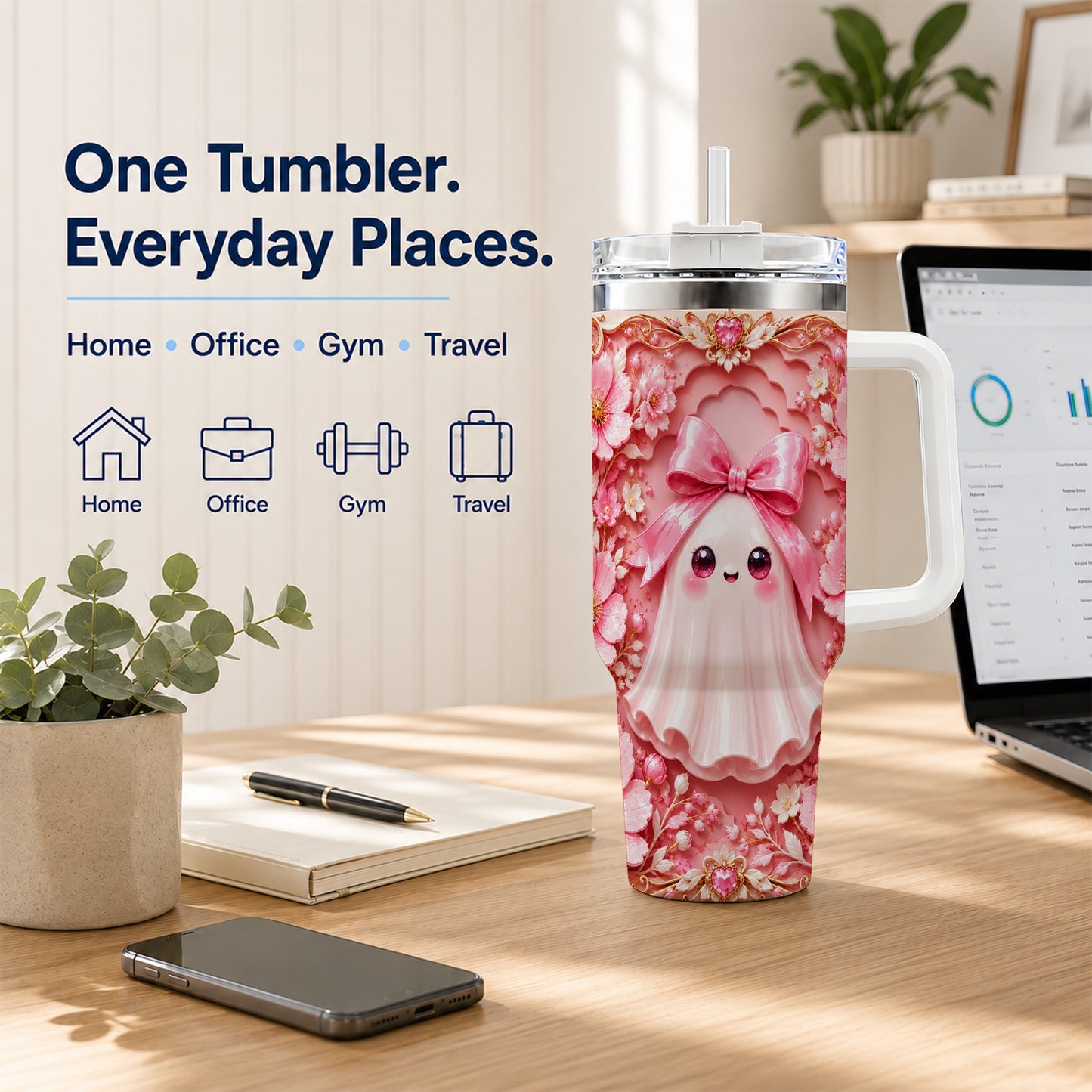 #pl[40oz|White] Pink Ghost 40oz Tumbler, Floral Bow Kawaii Stainless Steel Travel Cup