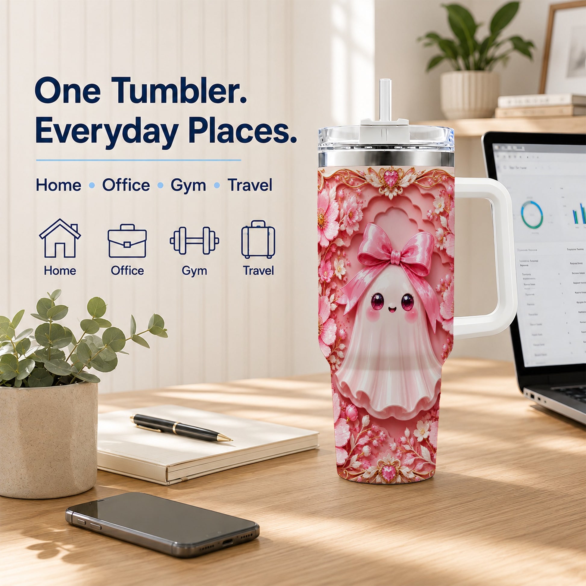 #pl[40oz|White] Pink Ghost 40oz Tumbler, Floral Bow Kawaii Stainless Steel Travel Cup