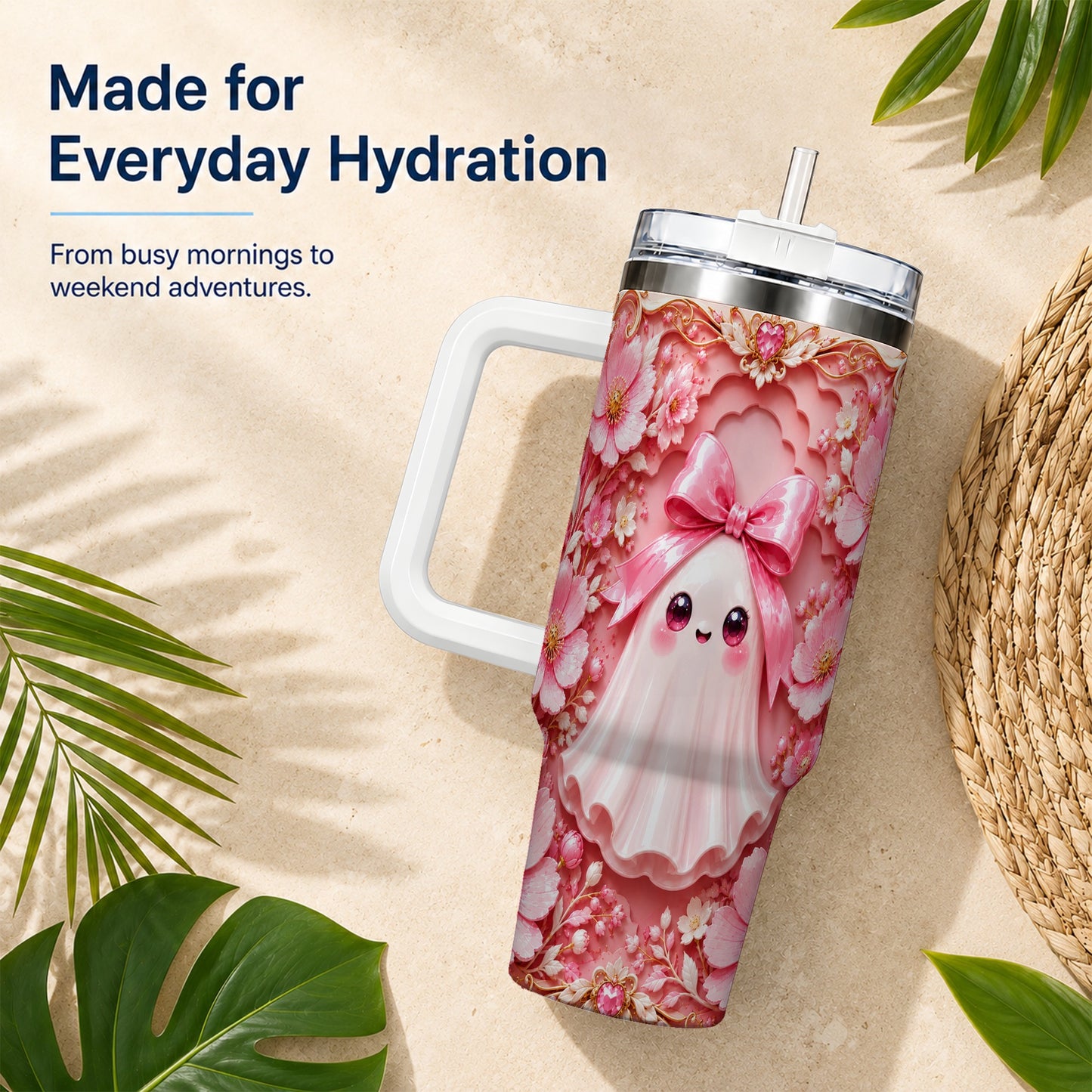 #pl[40oz|White] Pink Ghost 40oz Tumbler, Floral Bow Kawaii Stainless Steel Travel Cup