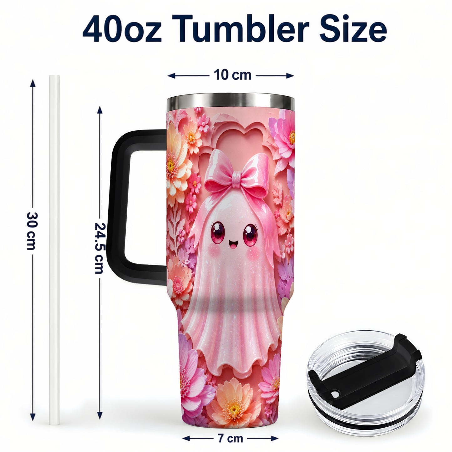 #pl[40oz|Black] Pastel Ghost 40oz Tumbler, Floral Bow Kawaii Stainless Steel Travel Cup