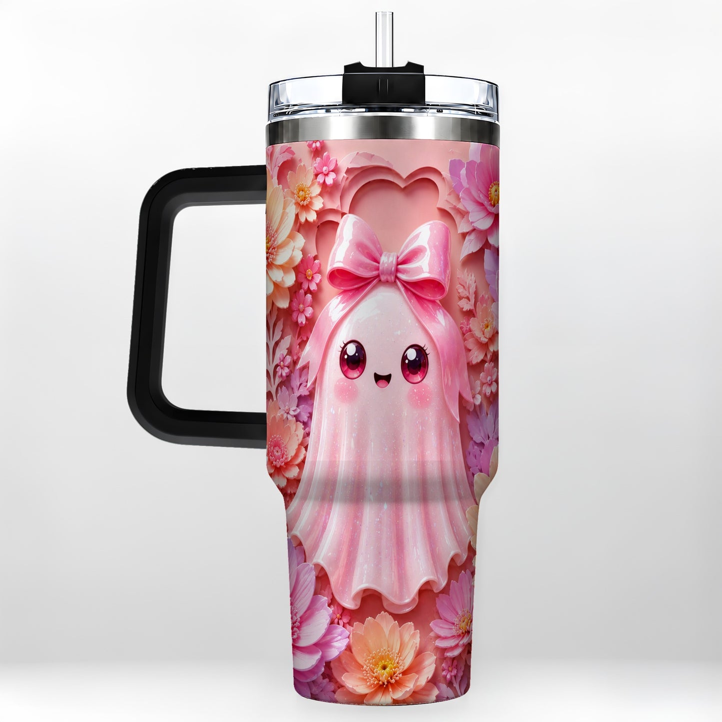 #pl[40oz|Black] Pastel Ghost 40oz Tumbler, Floral Bow Kawaii Stainless Steel Travel Cup