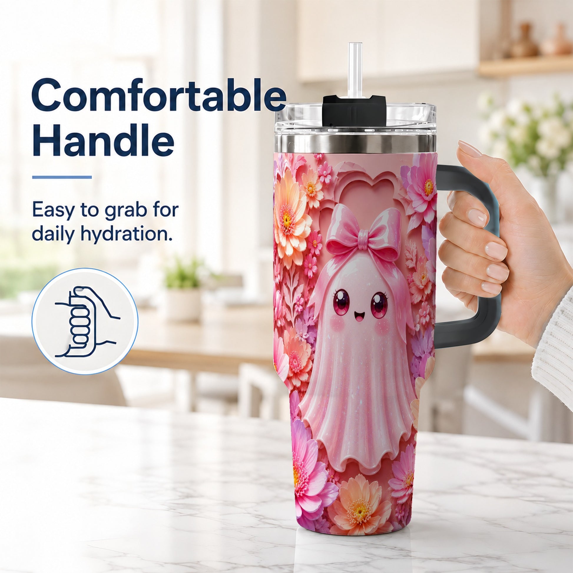 #pl[40oz|Black] Pastel Ghost 40oz Tumbler, Floral Bow Kawaii Stainless Steel Travel Cup