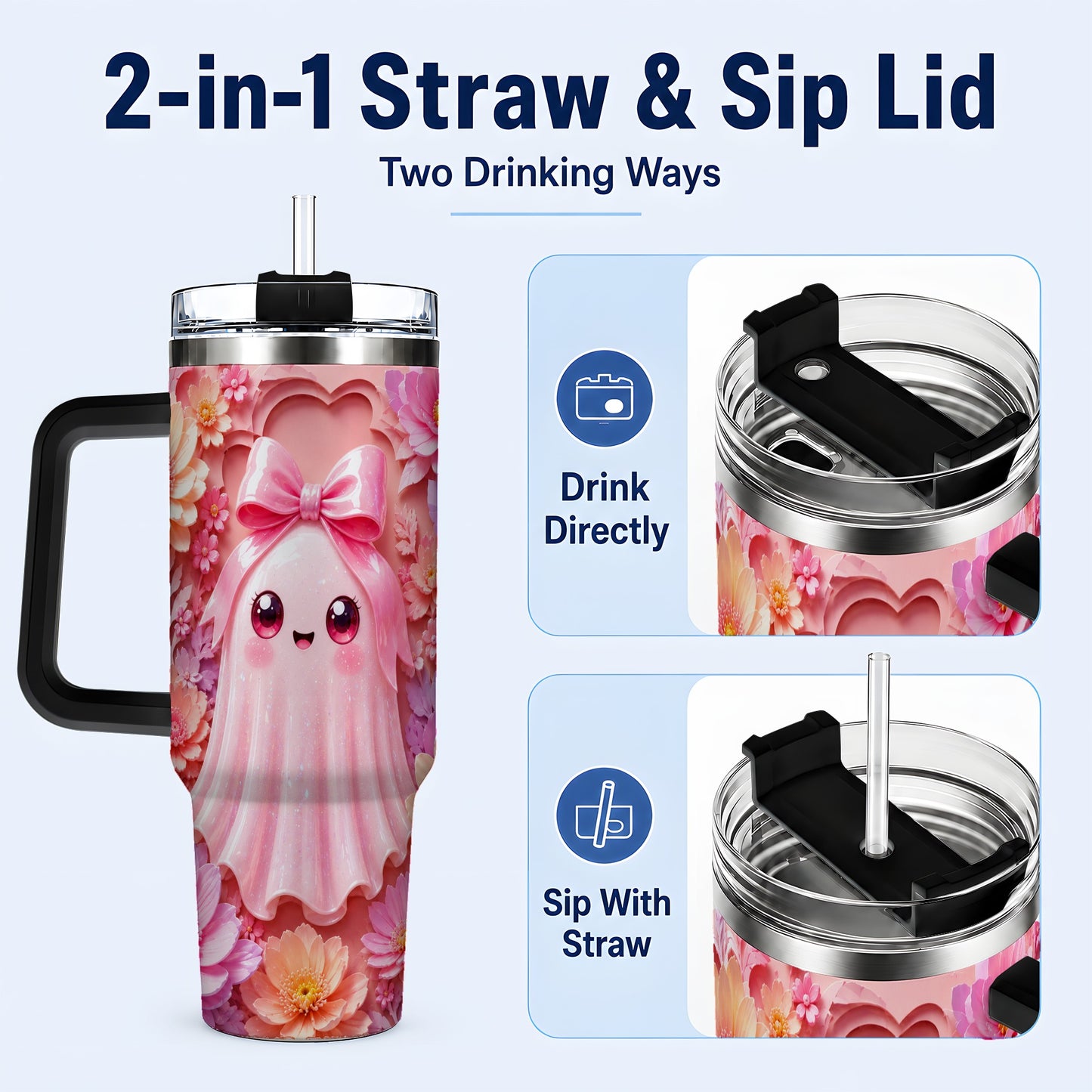 #pl[40oz|Black] Pastel Ghost 40oz Tumbler, Floral Bow Kawaii Stainless Steel Travel Cup