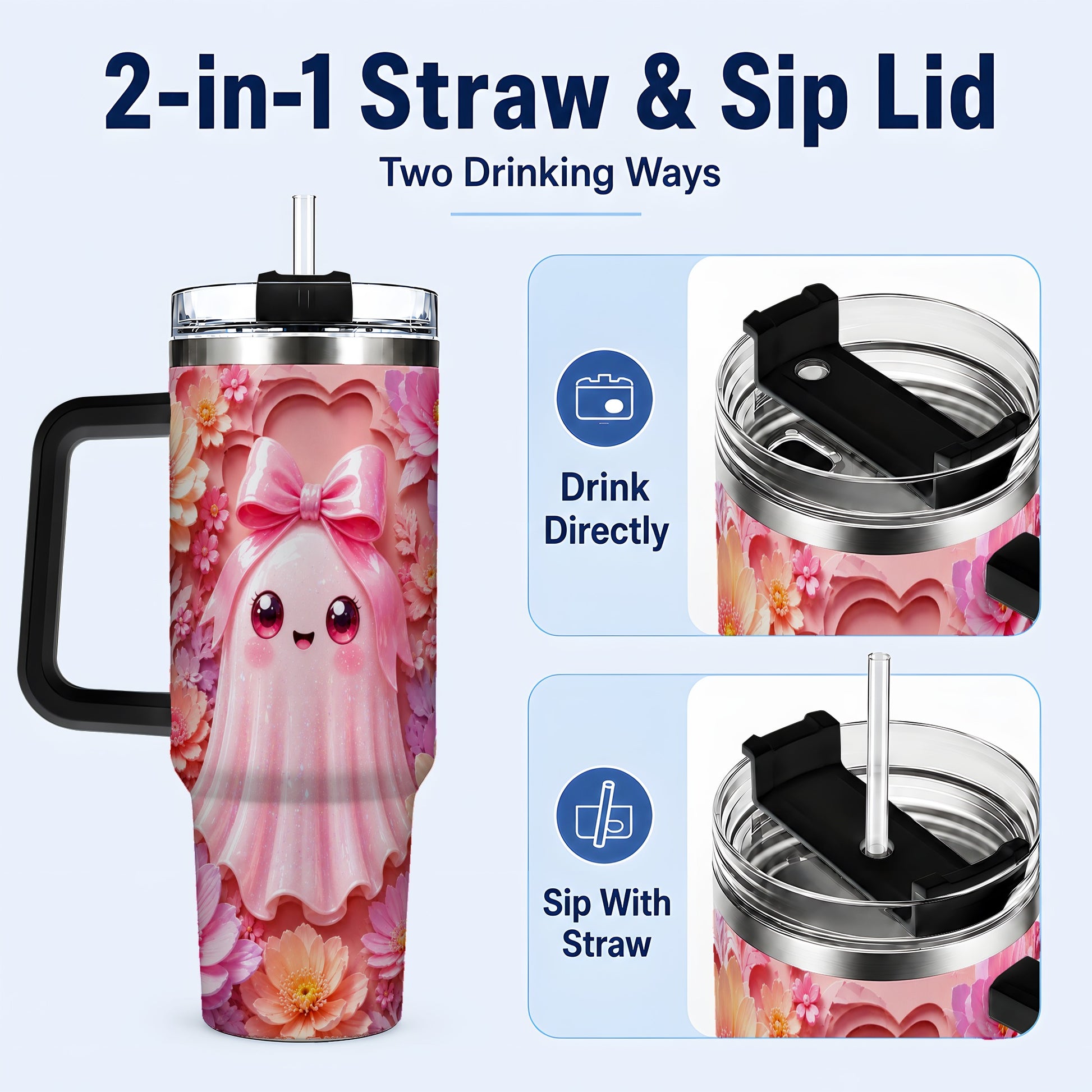 #pl[40oz|Black] Pastel Ghost 40oz Tumbler, Floral Bow Kawaii Stainless Steel Travel Cup