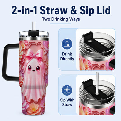 #pl[40oz|Black] Pastel Ghost 40oz Tumbler, Floral Bow Kawaii Stainless Steel Travel Cup