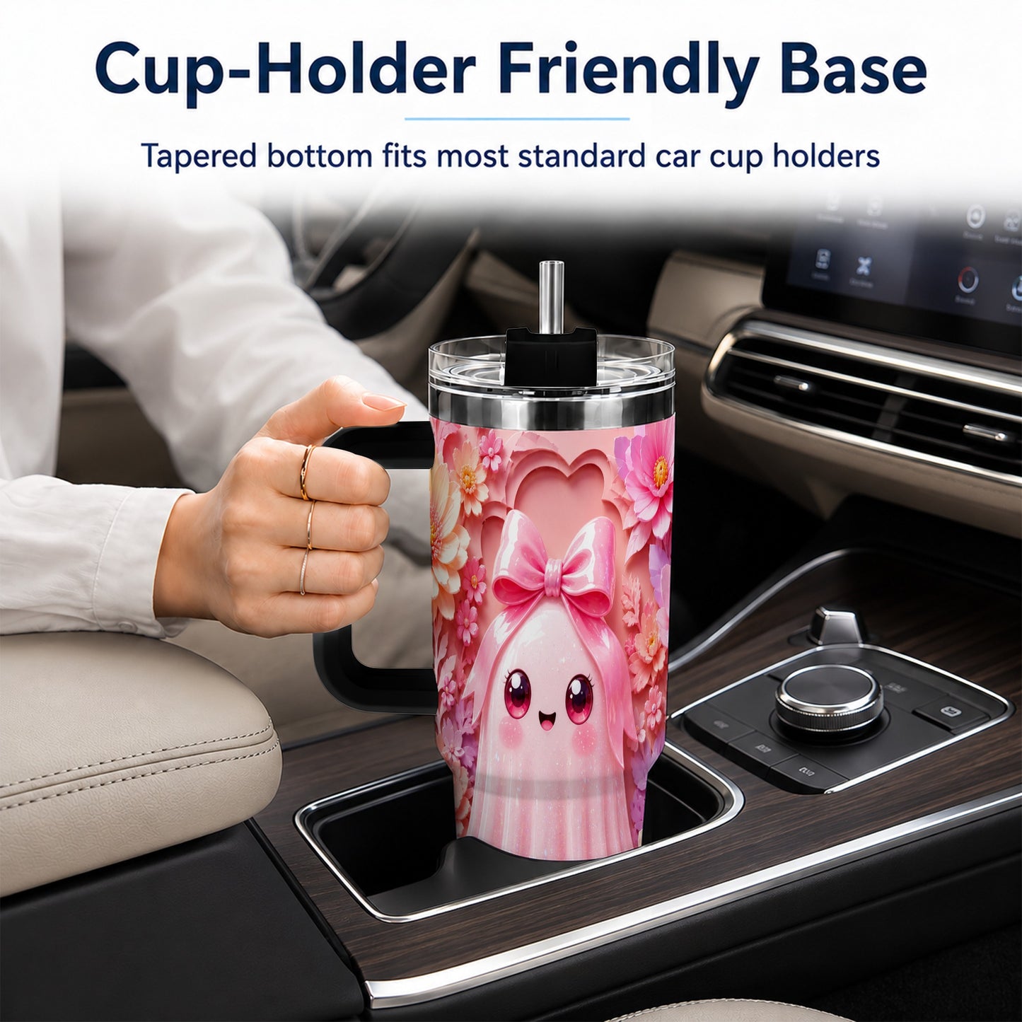 #pl[40oz|Black] Pastel Ghost 40oz Tumbler, Floral Bow Kawaii Stainless Steel Travel Cup