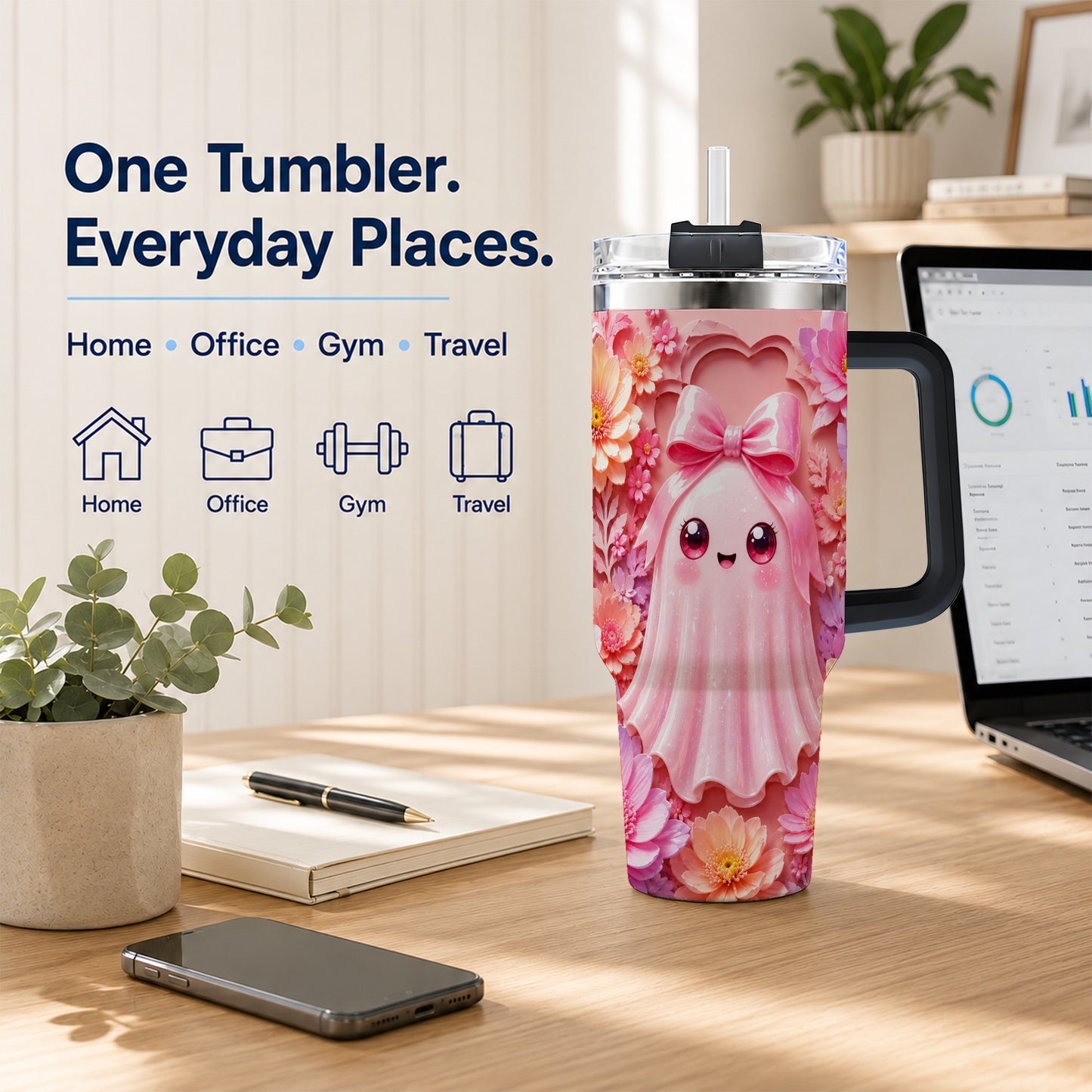 #pl[40oz|Black] Pastel Ghost 40oz Tumbler, Floral Bow Kawaii Stainless Steel Travel Cup