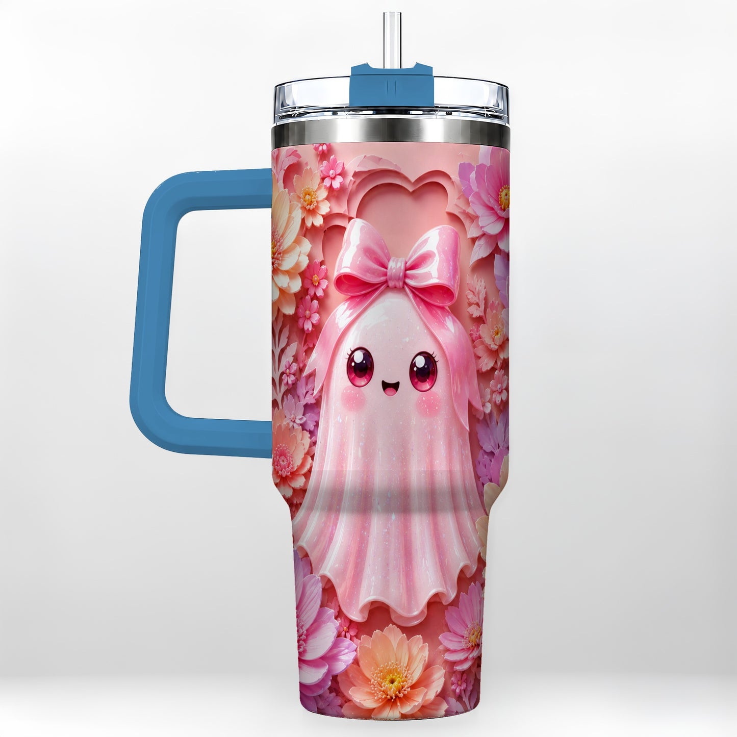 #pl[40oz|Blue] Pastel Ghost 40oz Tumbler, Floral Bow Kawaii Stainless Steel Travel Cup