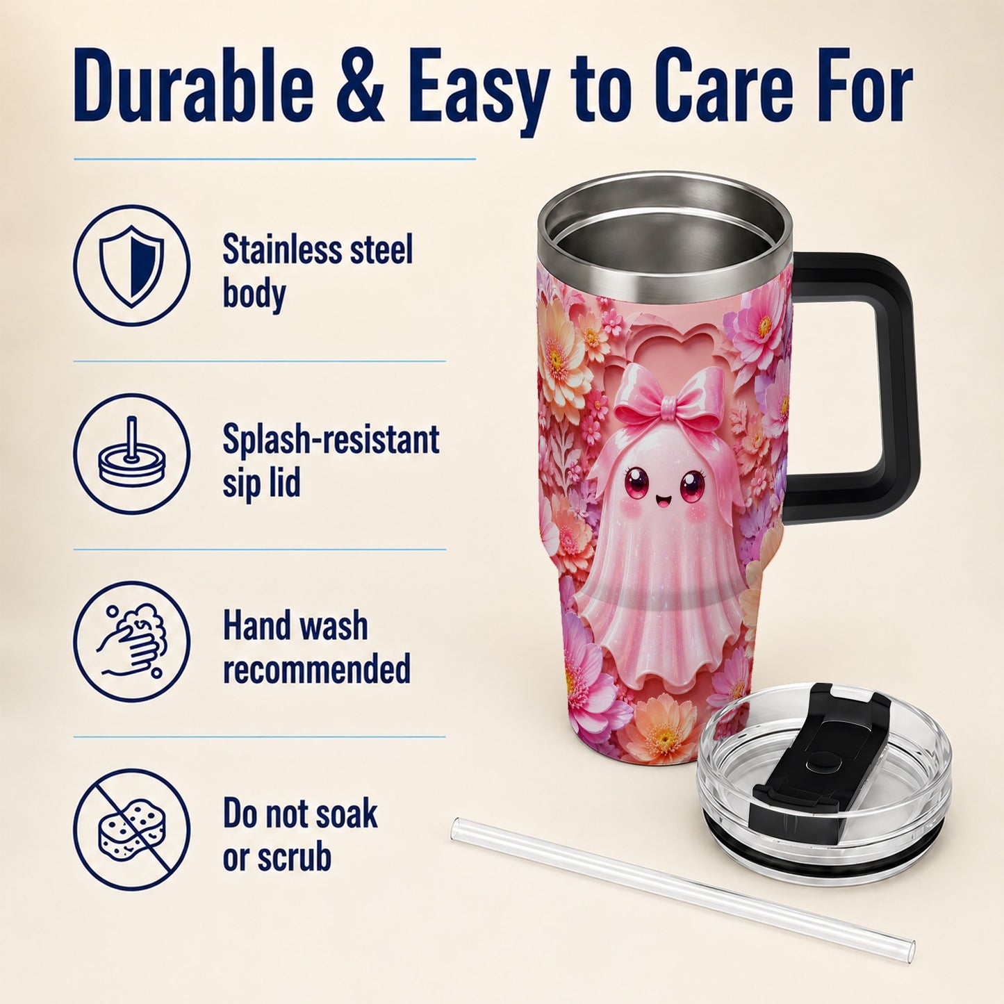 #pl[40oz|Black] Pastel Ghost 40oz Tumbler, Floral Bow Kawaii Stainless Steel Travel Cup