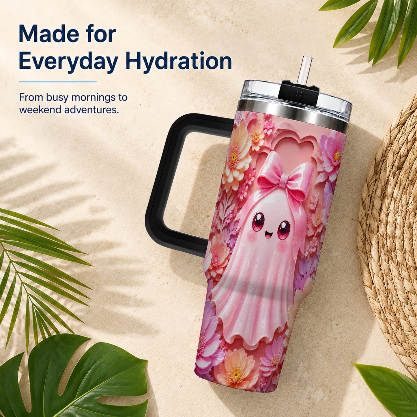 #pl[40oz|Black] Pastel Ghost 40oz Tumbler, Floral Bow Kawaii Stainless Steel Travel Cup