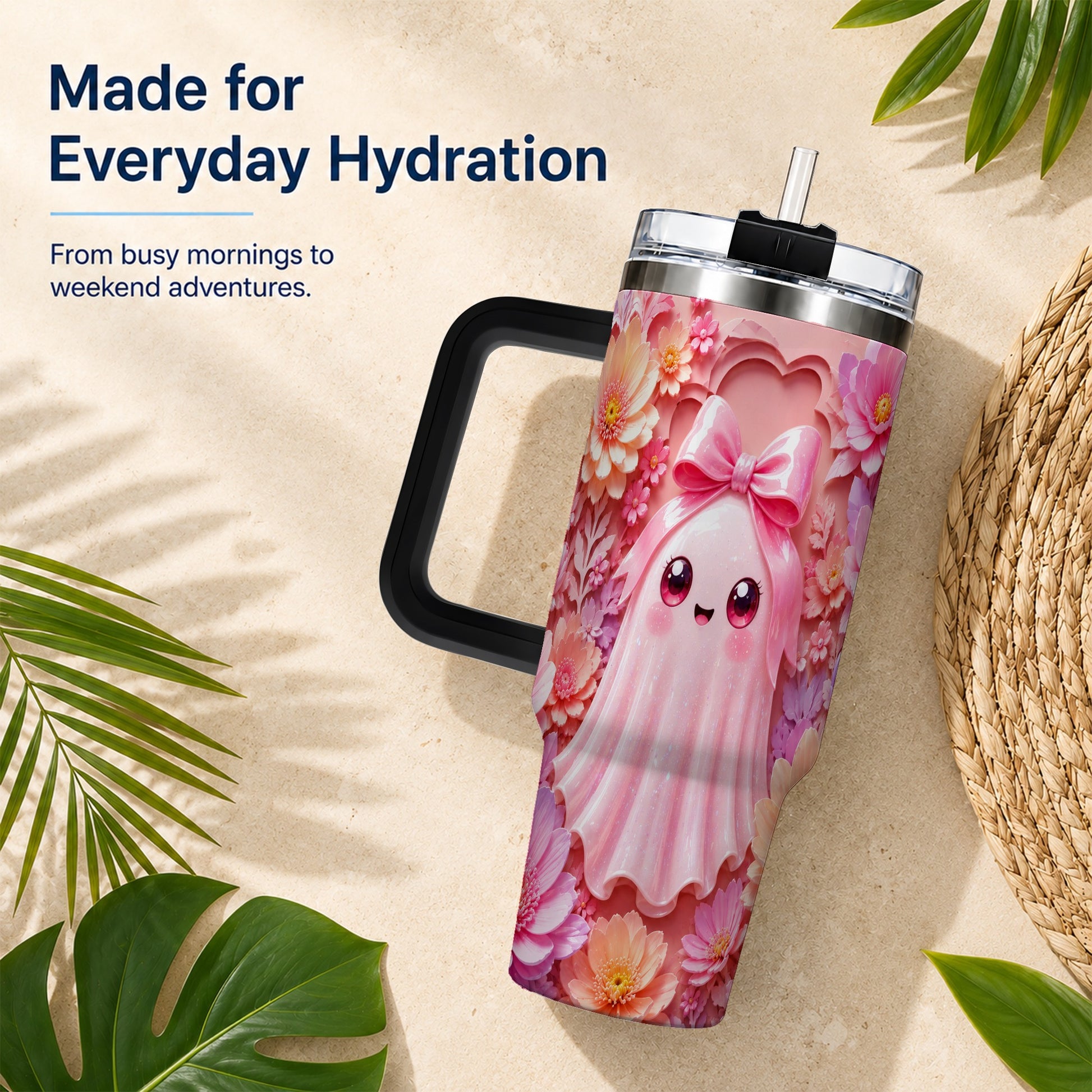 #pl[40oz|Black] Pastel Ghost 40oz Tumbler, Floral Bow Kawaii Stainless Steel Travel Cup