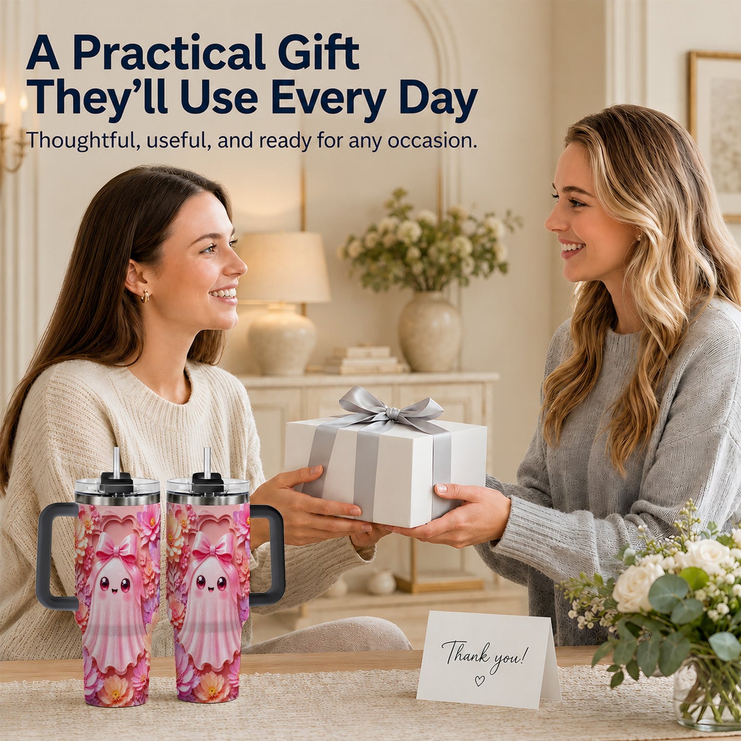#pl[40oz|Black] Pastel Ghost 40oz Tumbler, Floral Bow Kawaii Stainless Steel Travel Cup