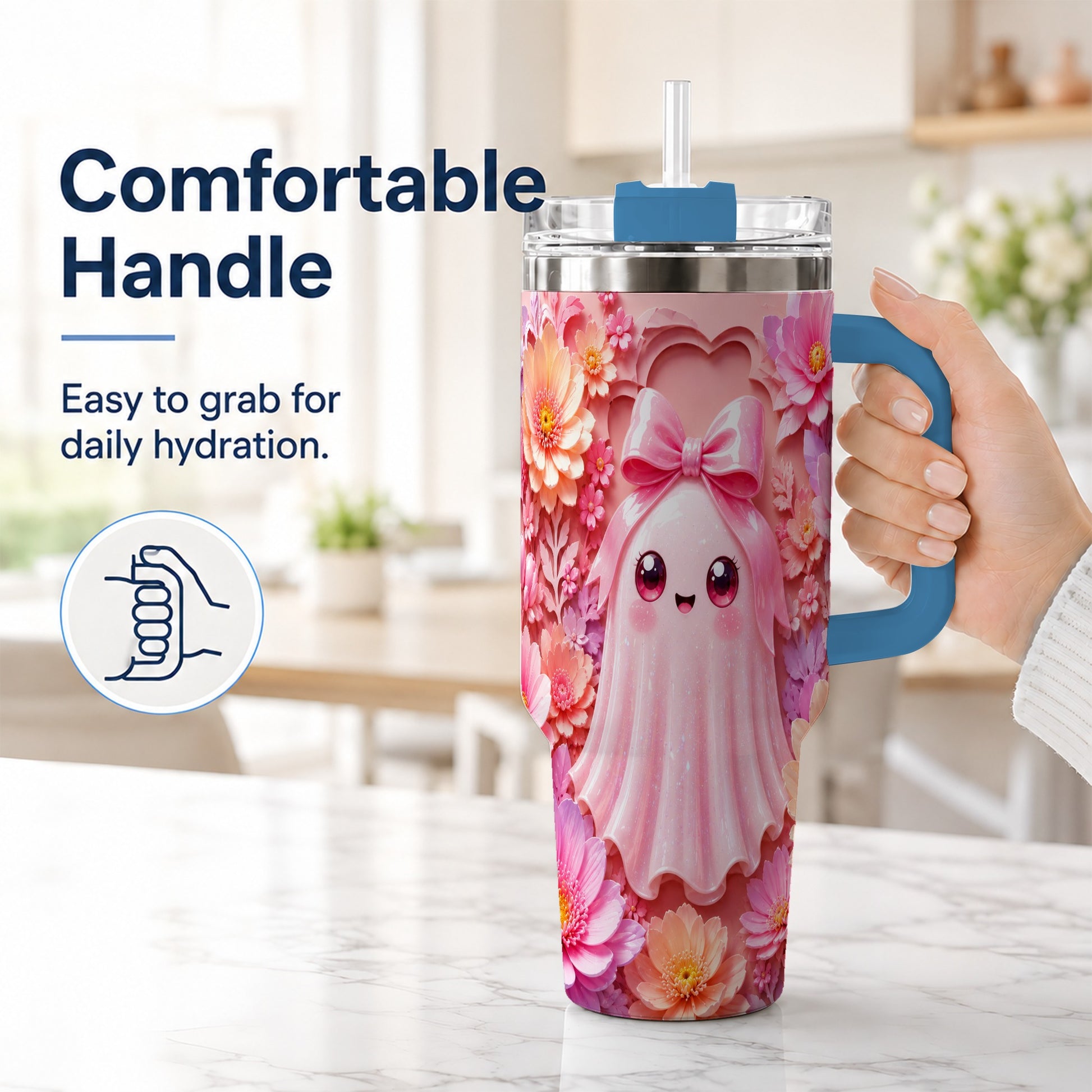 #pl[40oz|Blue] Pastel Ghost 40oz Tumbler, Floral Bow Kawaii Stainless Steel Travel Cup