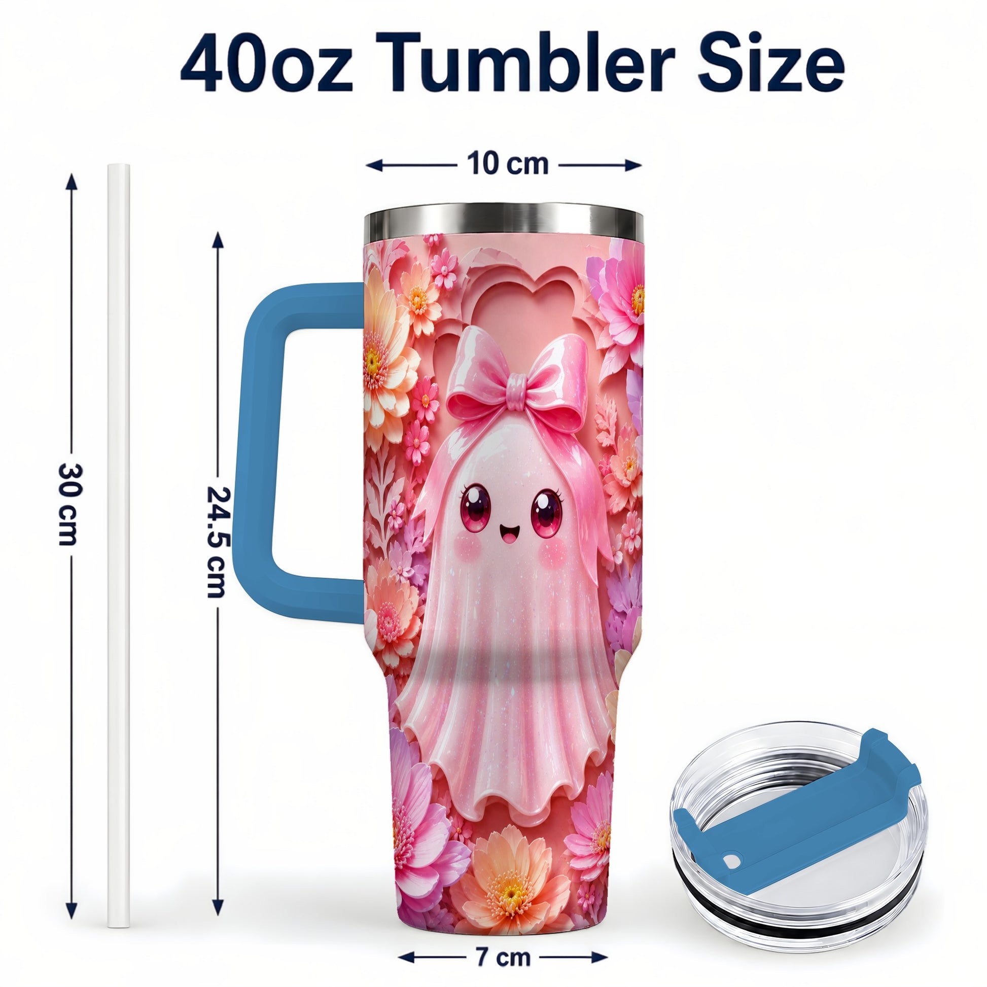 #pl[40oz|Blue] Pastel Ghost 40oz Tumbler, Floral Bow Kawaii Stainless Steel Travel Cup