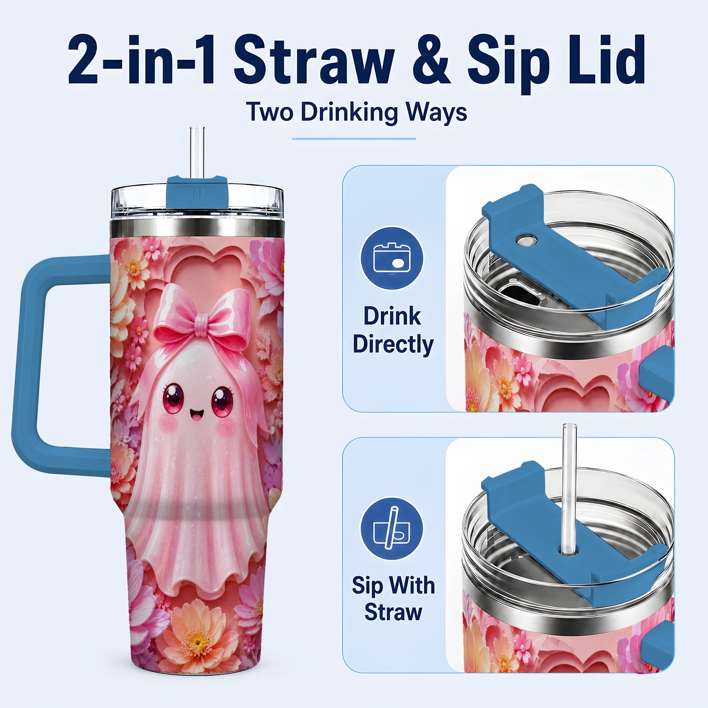 #pl[40oz|Blue] Pastel Ghost 40oz Tumbler, Floral Bow Kawaii Stainless Steel Travel Cup