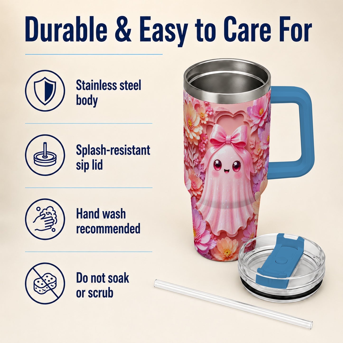 #pl[40oz|Blue] Pastel Ghost 40oz Tumbler, Floral Bow Kawaii Stainless Steel Travel Cup