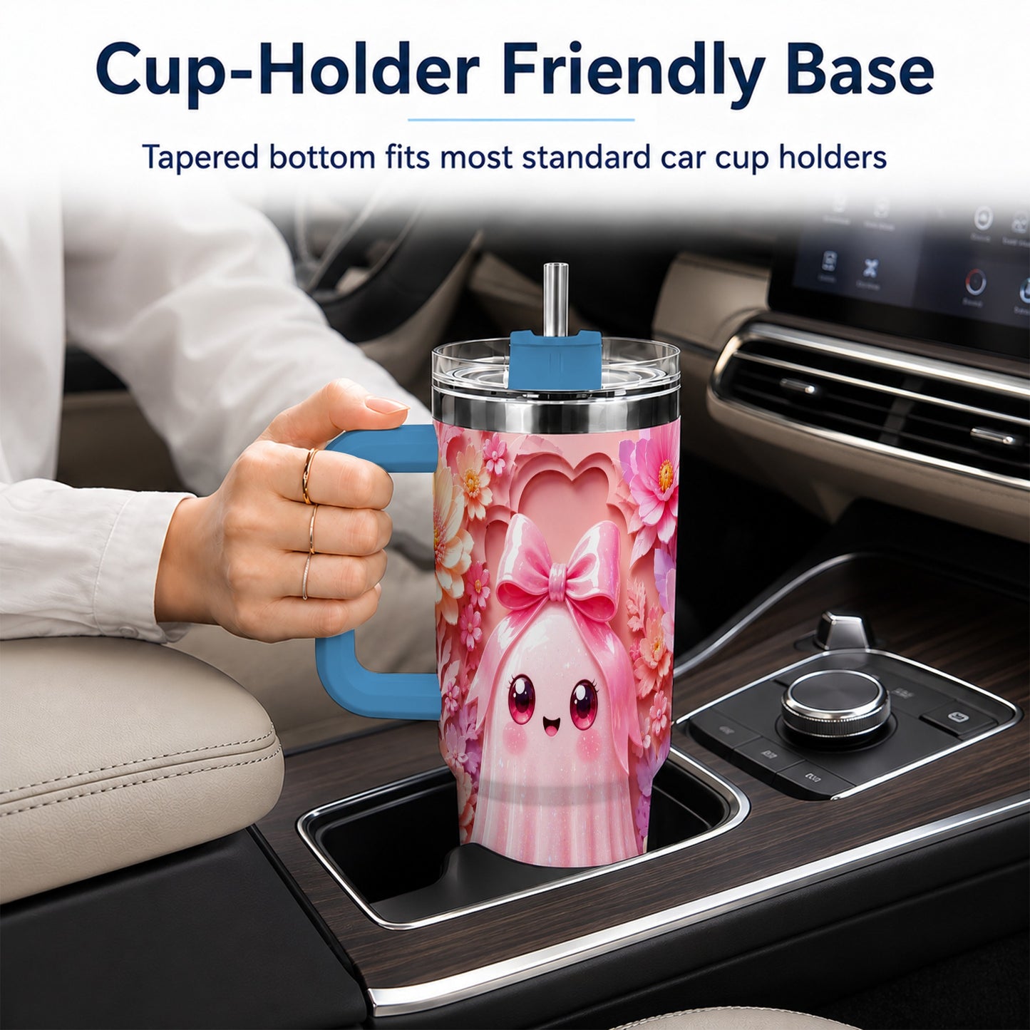 #pl[40oz|Blue] Pastel Ghost 40oz Tumbler, Floral Bow Kawaii Stainless Steel Travel Cup