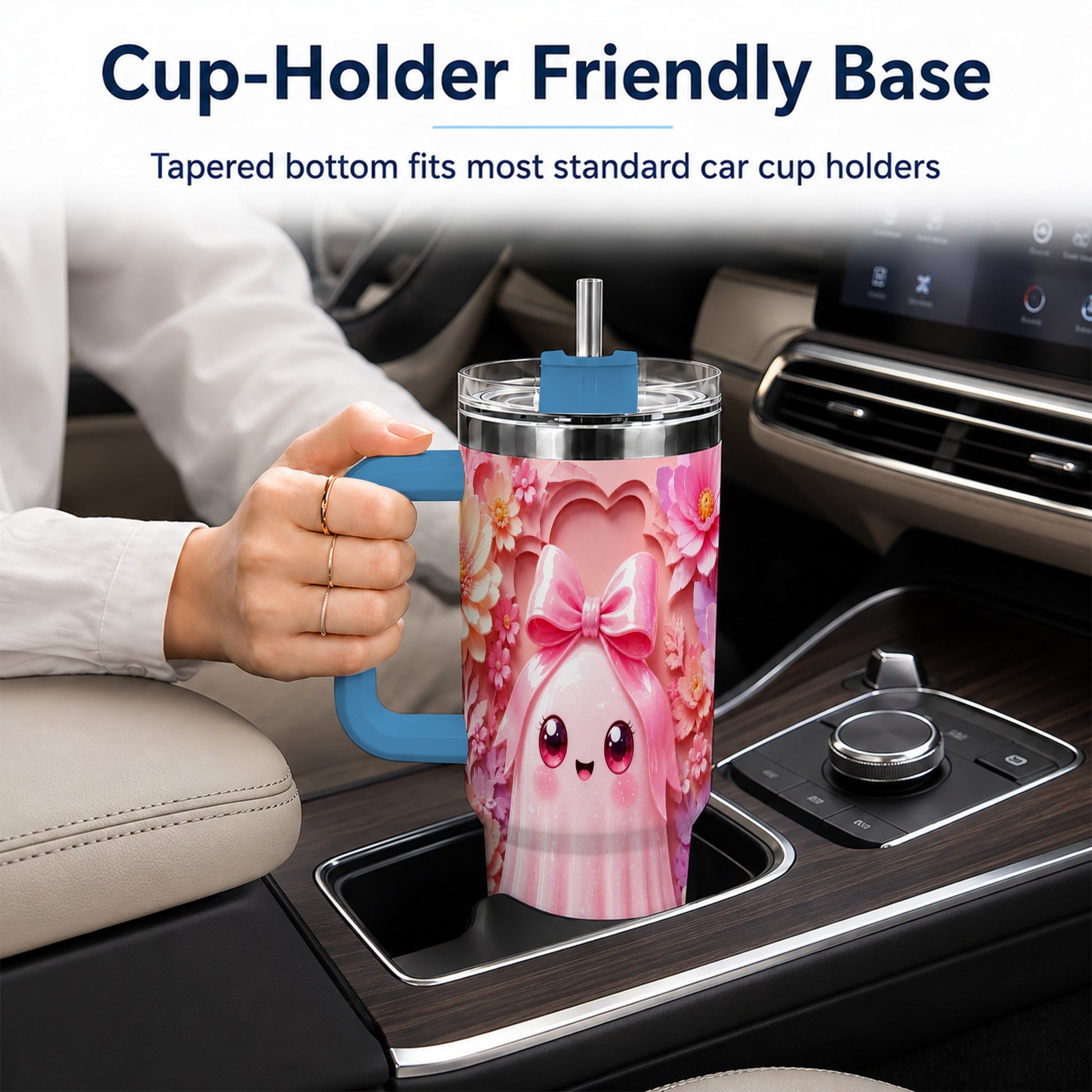 #pl[40oz|Blue] Pastel Ghost 40oz Tumbler, Floral Bow Kawaii Stainless Steel Travel Cup