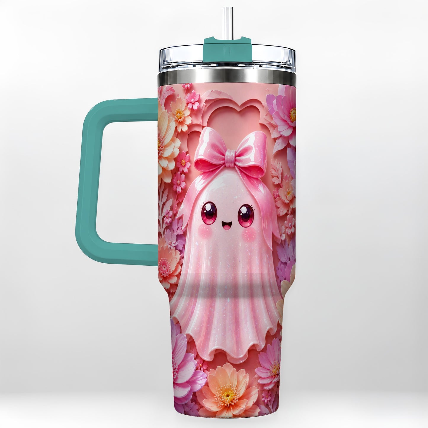 #pl[40oz|Green] Pastel Ghost 40oz Tumbler, Floral Bow Kawaii Stainless Steel Travel Cup
