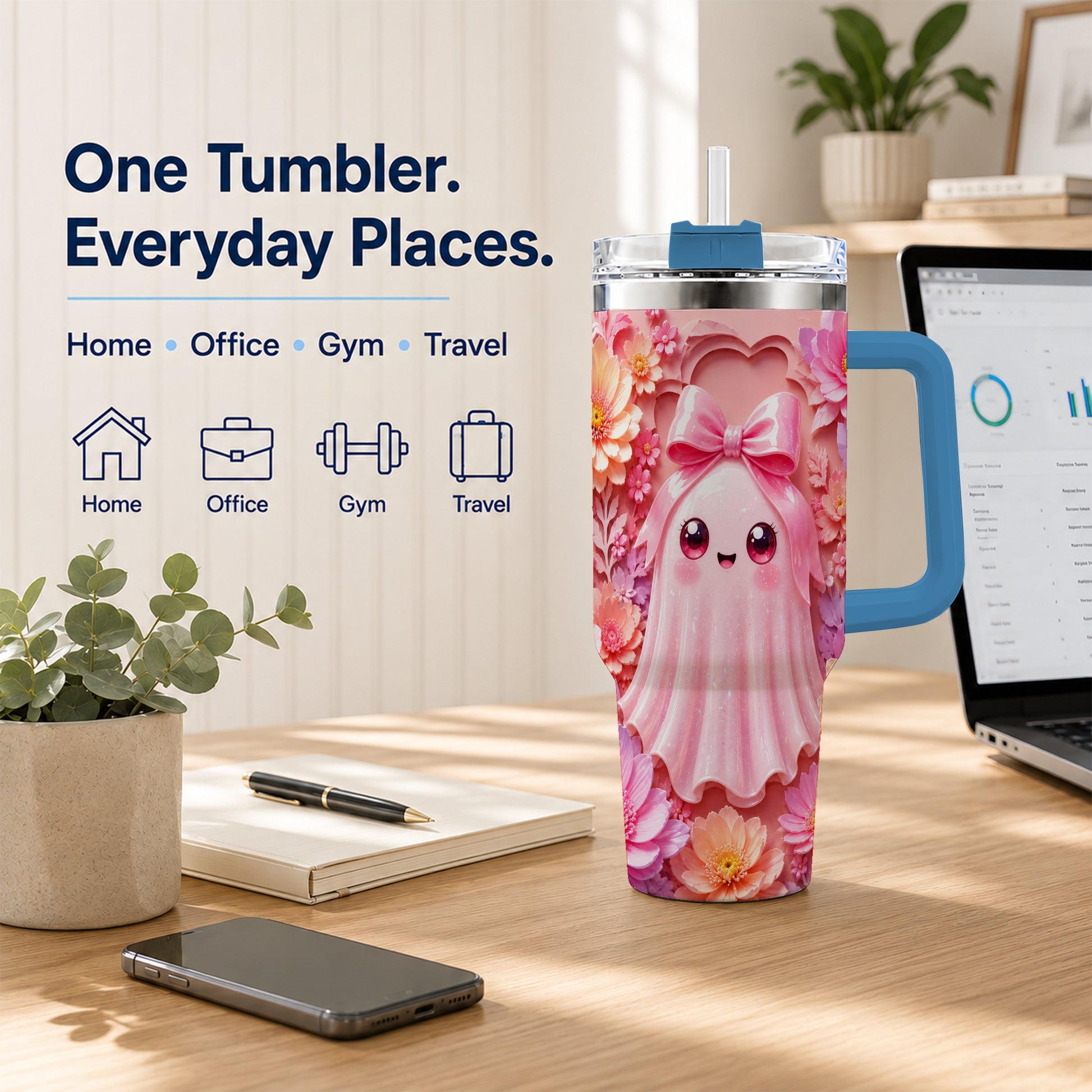 #pl[40oz|Blue] Pastel Ghost 40oz Tumbler, Floral Bow Kawaii Stainless Steel Travel Cup