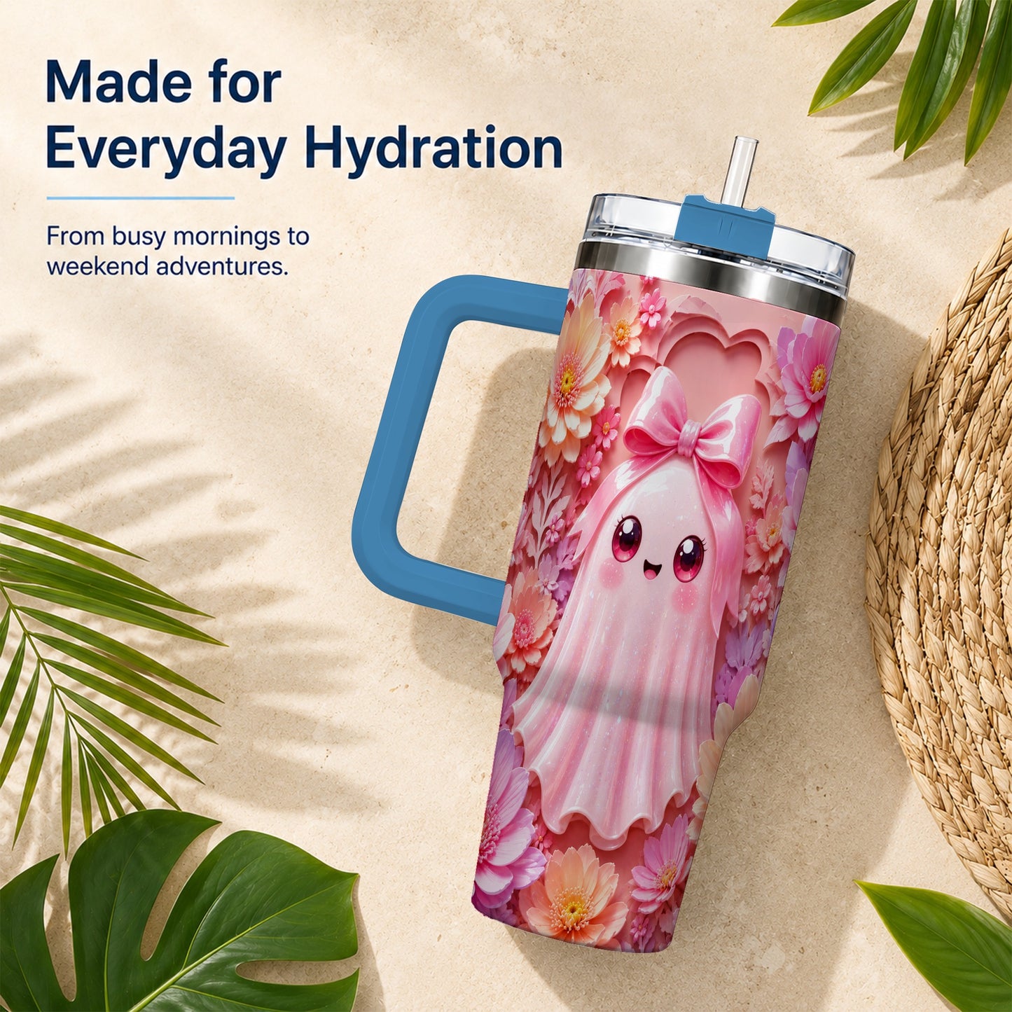 #pl[40oz|Blue] Pastel Ghost 40oz Tumbler, Floral Bow Kawaii Stainless Steel Travel Cup