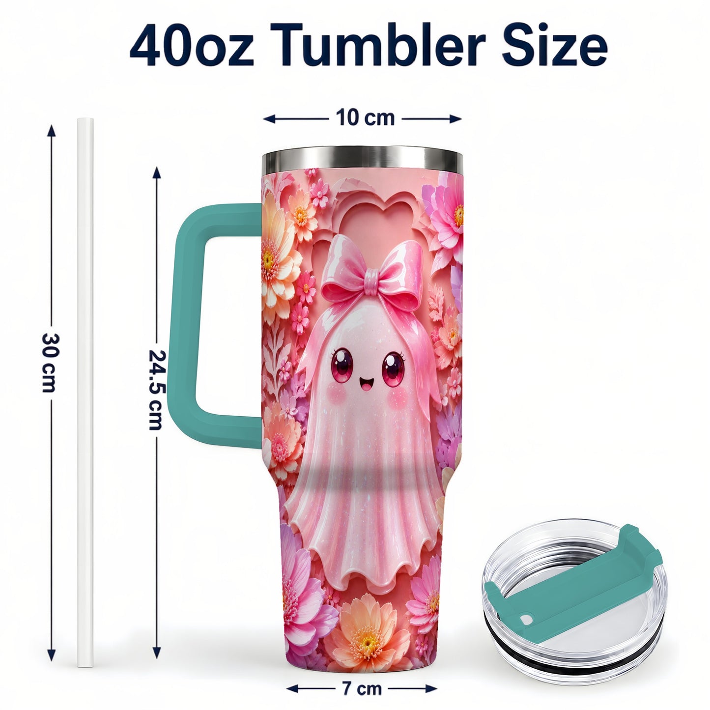 #pl[40oz|Green] Pastel Ghost 40oz Tumbler, Floral Bow Kawaii Stainless Steel Travel Cup