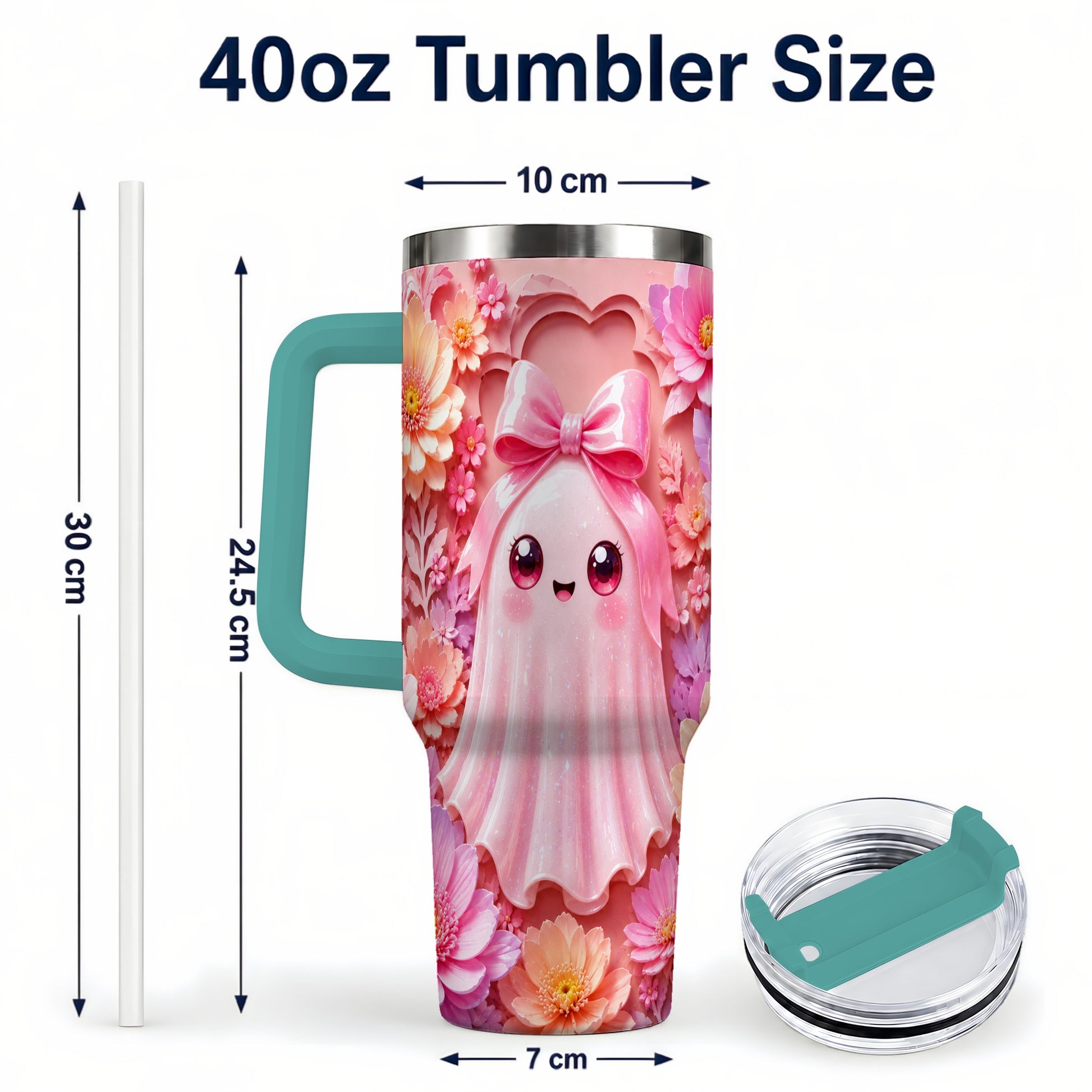 #pl[40oz|Green] Pastel Ghost 40oz Tumbler, Floral Bow Kawaii Stainless Steel Travel Cup