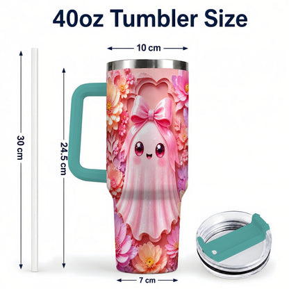 #pl[40oz|Green] Pastel Ghost 40oz Tumbler, Floral Bow Kawaii Stainless Steel Travel Cup