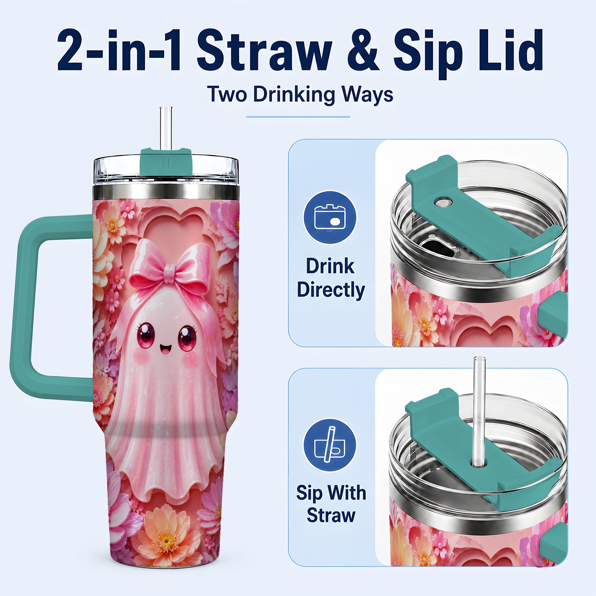 #pl[40oz|Green] Pastel Ghost 40oz Tumbler, Floral Bow Kawaii Stainless Steel Travel Cup