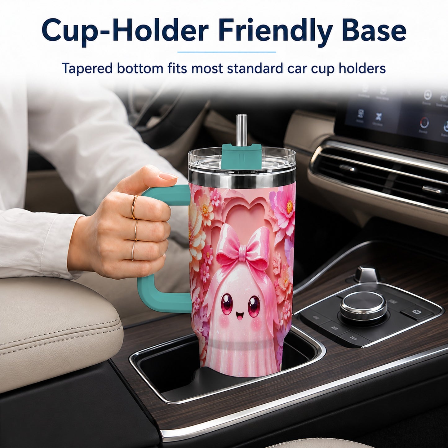 #pl[40oz|Green] Pastel Ghost 40oz Tumbler, Floral Bow Kawaii Stainless Steel Travel Cup