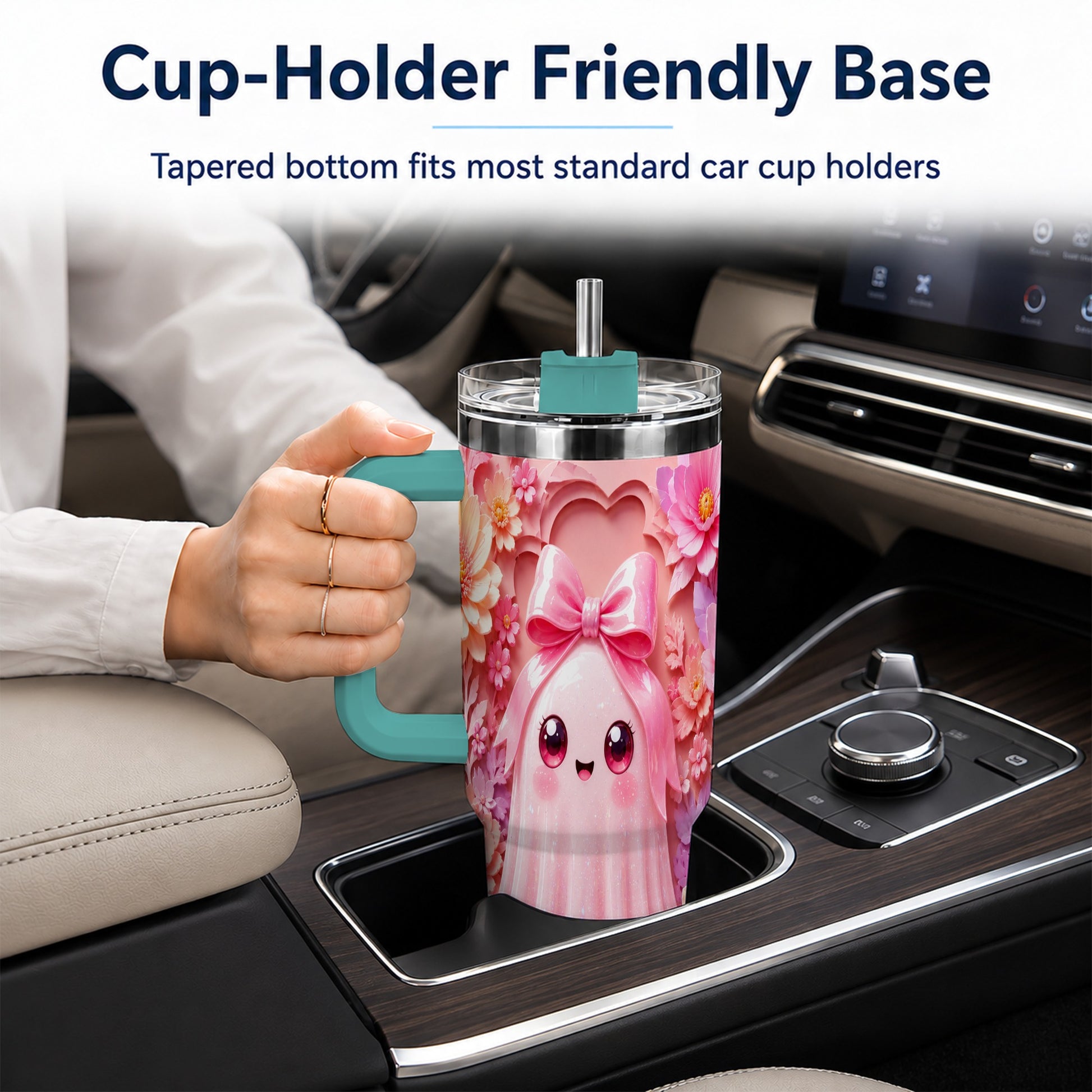 #pl[40oz|Green] Pastel Ghost 40oz Tumbler, Floral Bow Kawaii Stainless Steel Travel Cup
