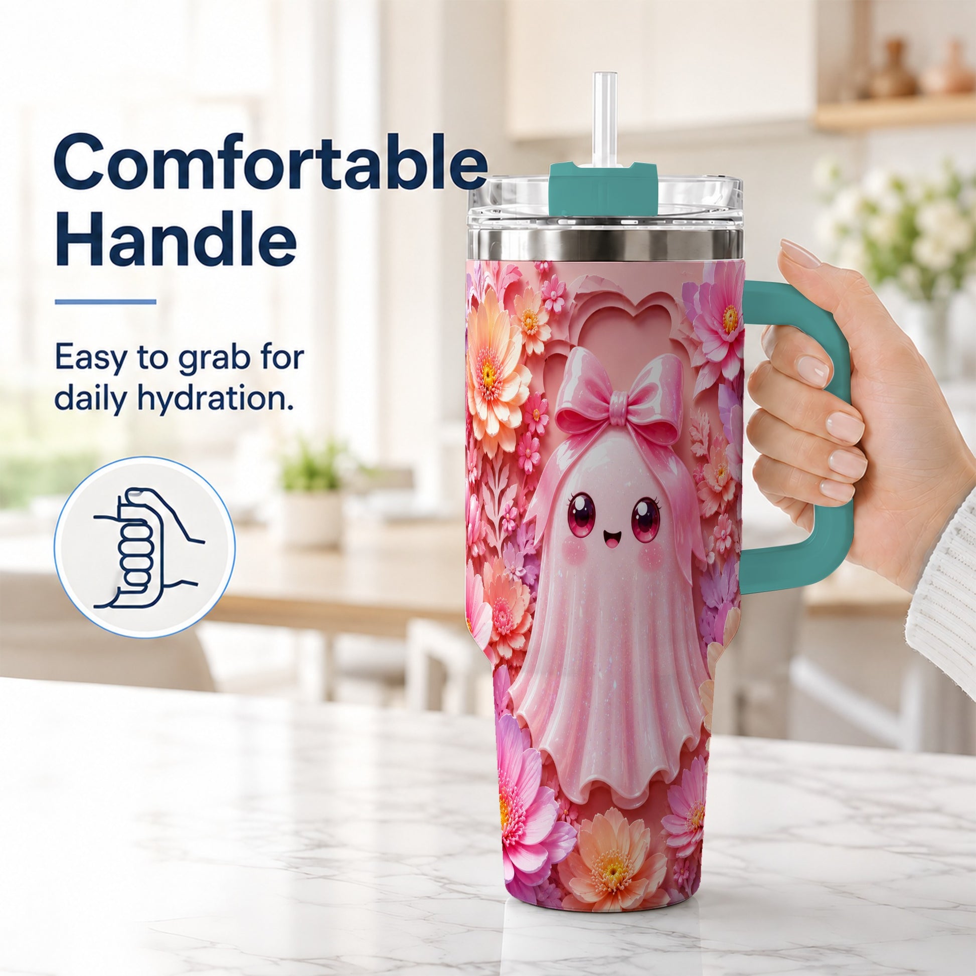 #pl[40oz|Green] Pastel Ghost 40oz Tumbler, Floral Bow Kawaii Stainless Steel Travel Cup