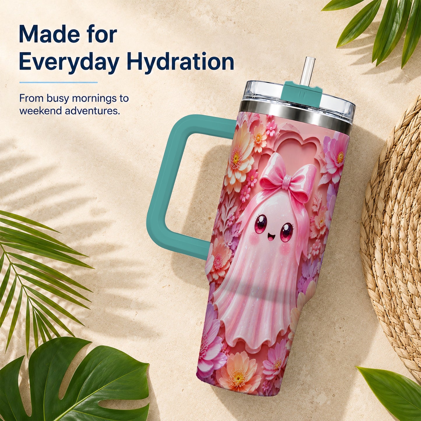 #pl[40oz|Green] Pastel Ghost 40oz Tumbler, Floral Bow Kawaii Stainless Steel Travel Cup