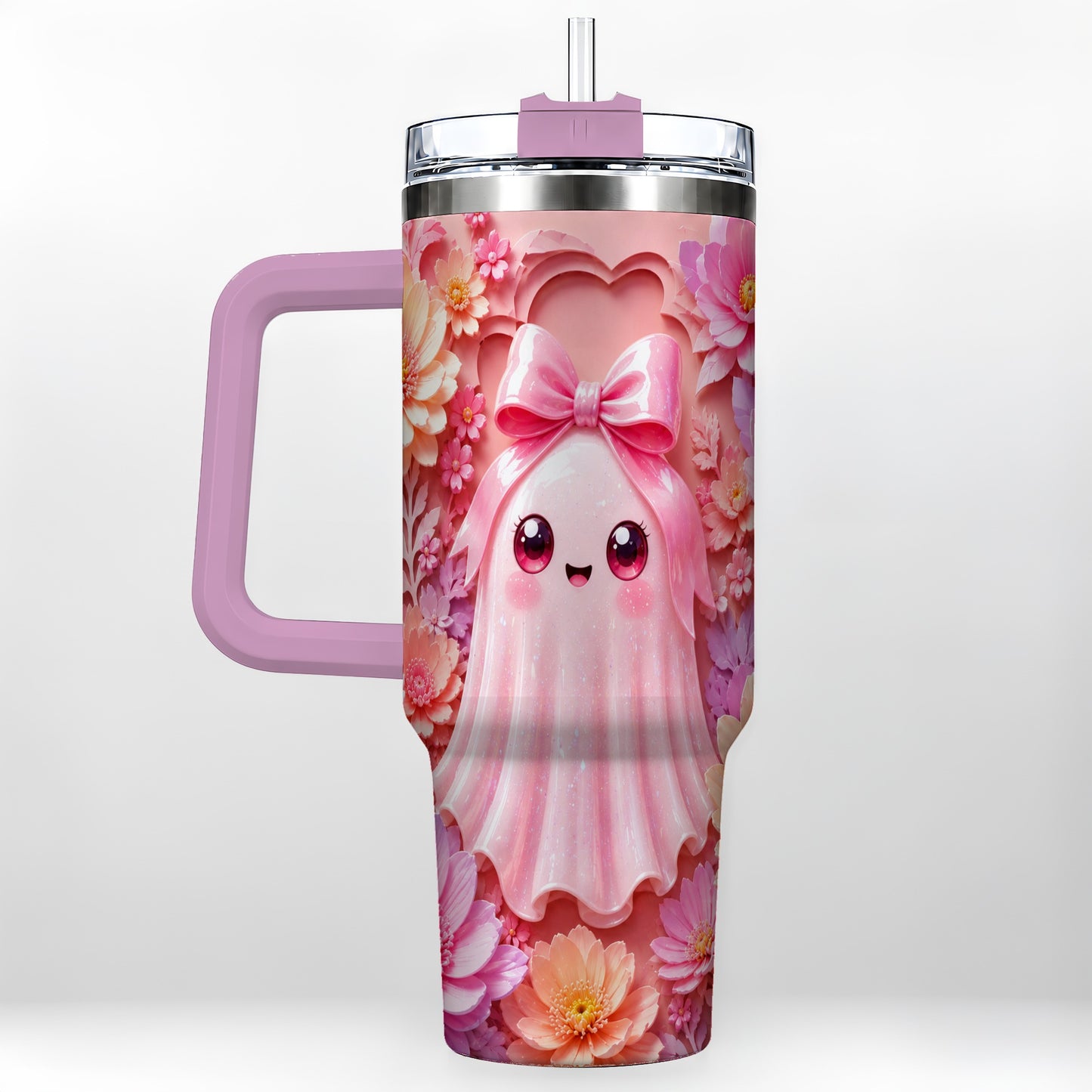 #pl[40oz|Pink] Pastel Ghost 40oz Tumbler, Floral Bow Kawaii Stainless Steel Travel Cup