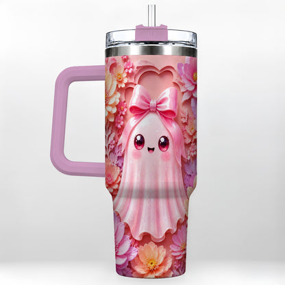 #pl[40oz|Pink] Pastel Ghost 40oz Tumbler, Floral Bow Kawaii Stainless Steel Travel Cup