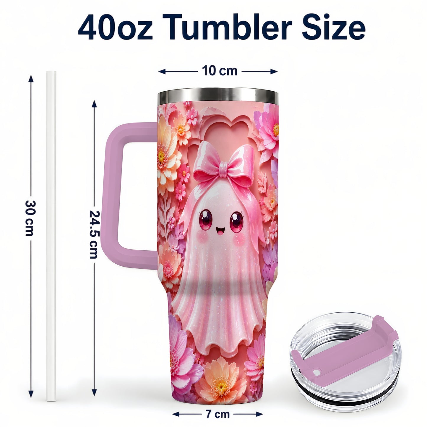 #pl[40oz|Pink] Pastel Ghost 40oz Tumbler, Floral Bow Kawaii Stainless Steel Travel Cup