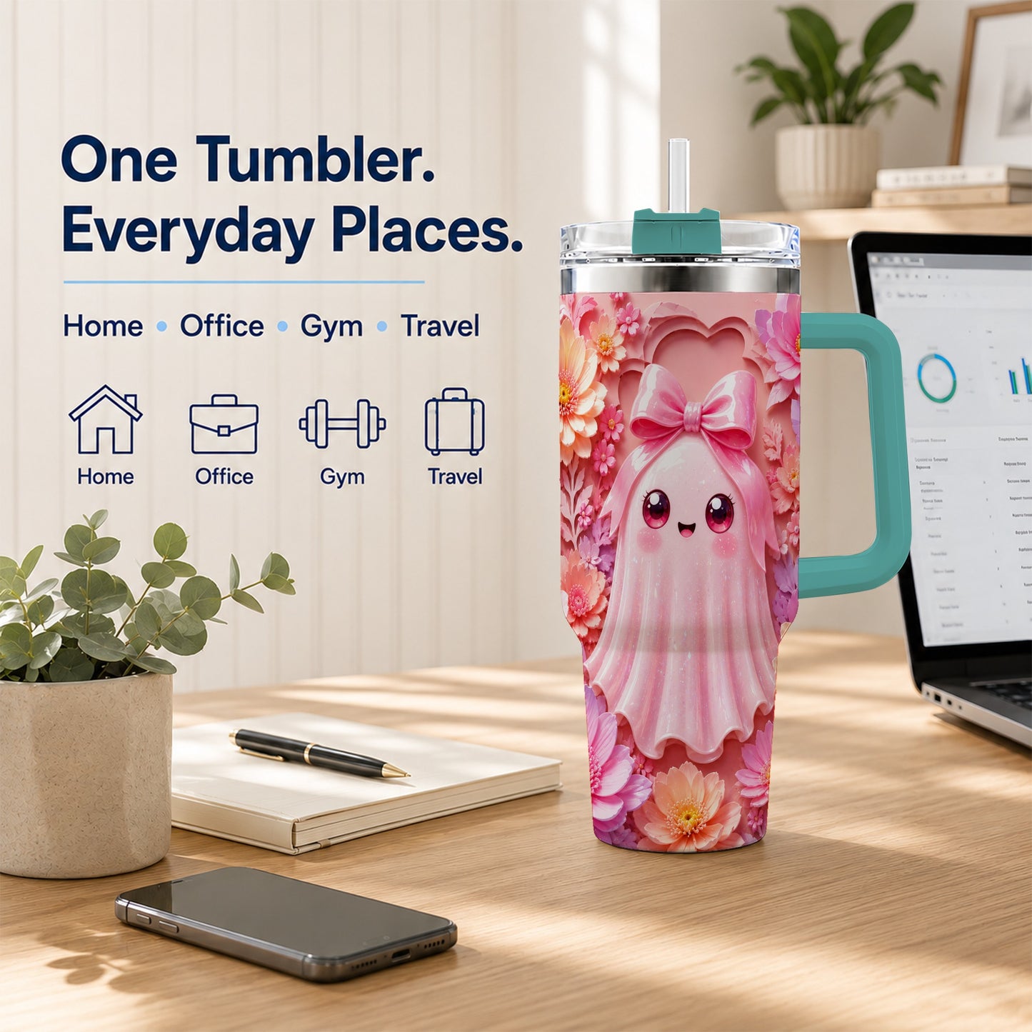 #pl[40oz|Green] Pastel Ghost 40oz Tumbler, Floral Bow Kawaii Stainless Steel Travel Cup