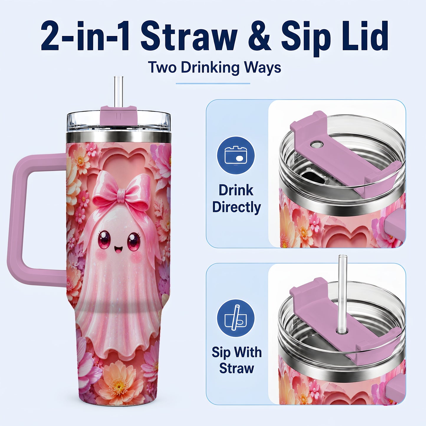 #pl[40oz|Pink] Pastel Ghost 40oz Tumbler, Floral Bow Kawaii Stainless Steel Travel Cup