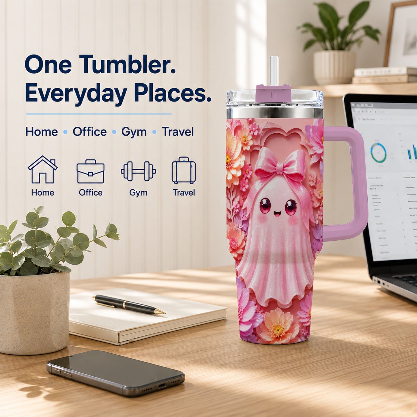 #pl[40oz|Pink] Pastel Ghost 40oz Tumbler, Floral Bow Kawaii Stainless Steel Travel Cup