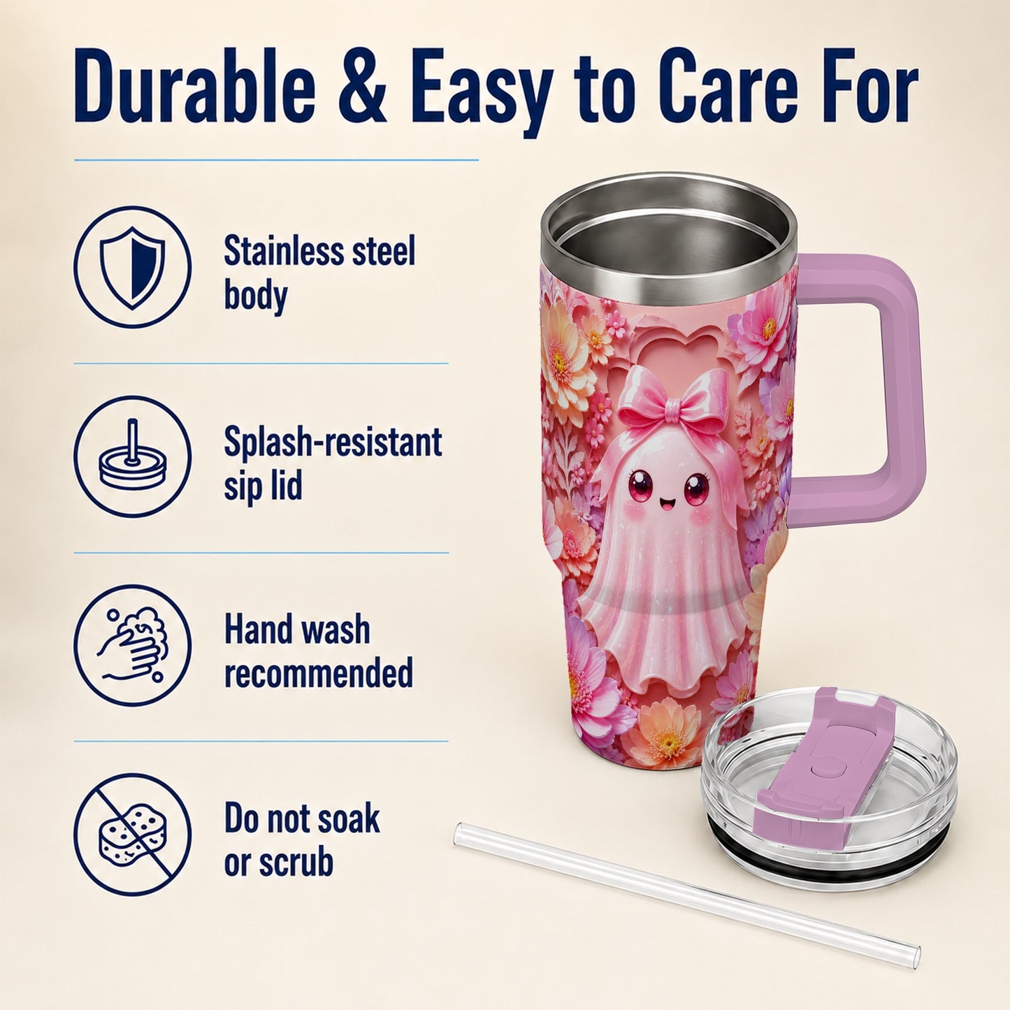 #pl[40oz|Pink] Pastel Ghost 40oz Tumbler, Floral Bow Kawaii Stainless Steel Travel Cup