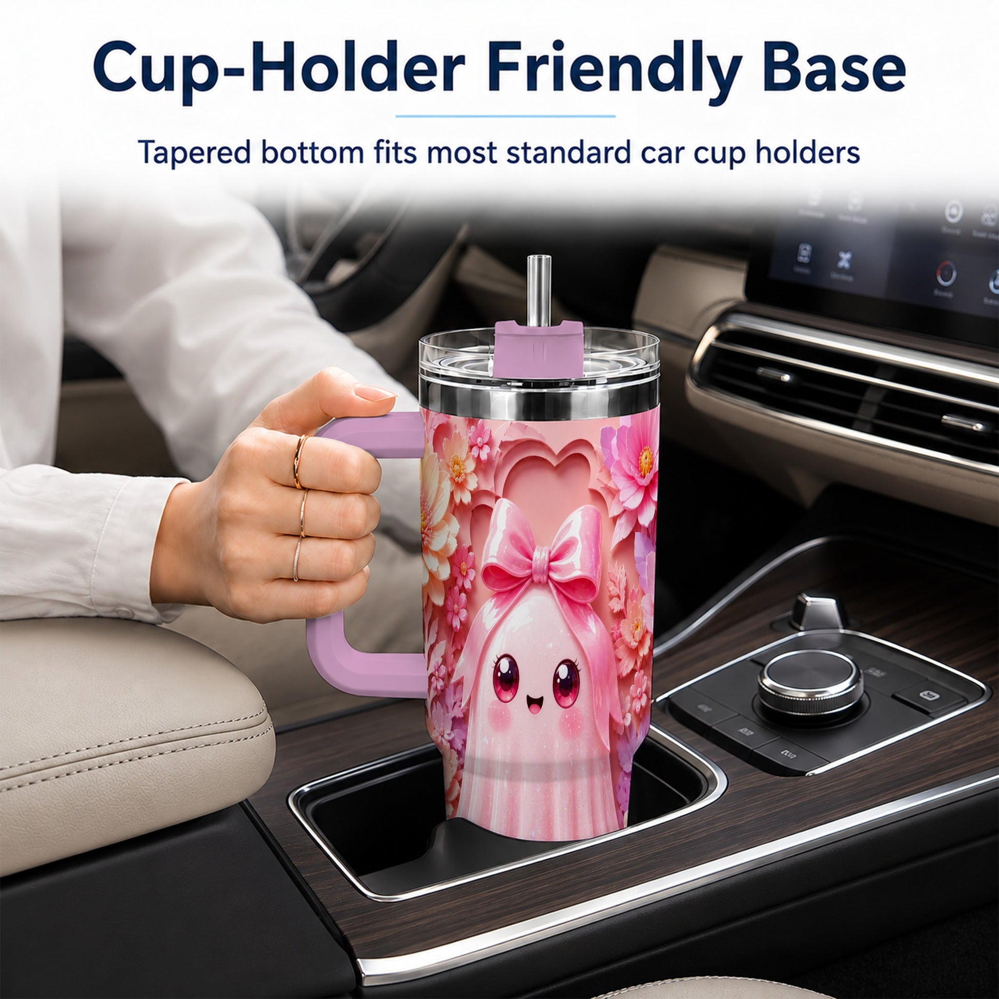 #pl[40oz|Pink] Pastel Ghost 40oz Tumbler, Floral Bow Kawaii Stainless Steel Travel Cup