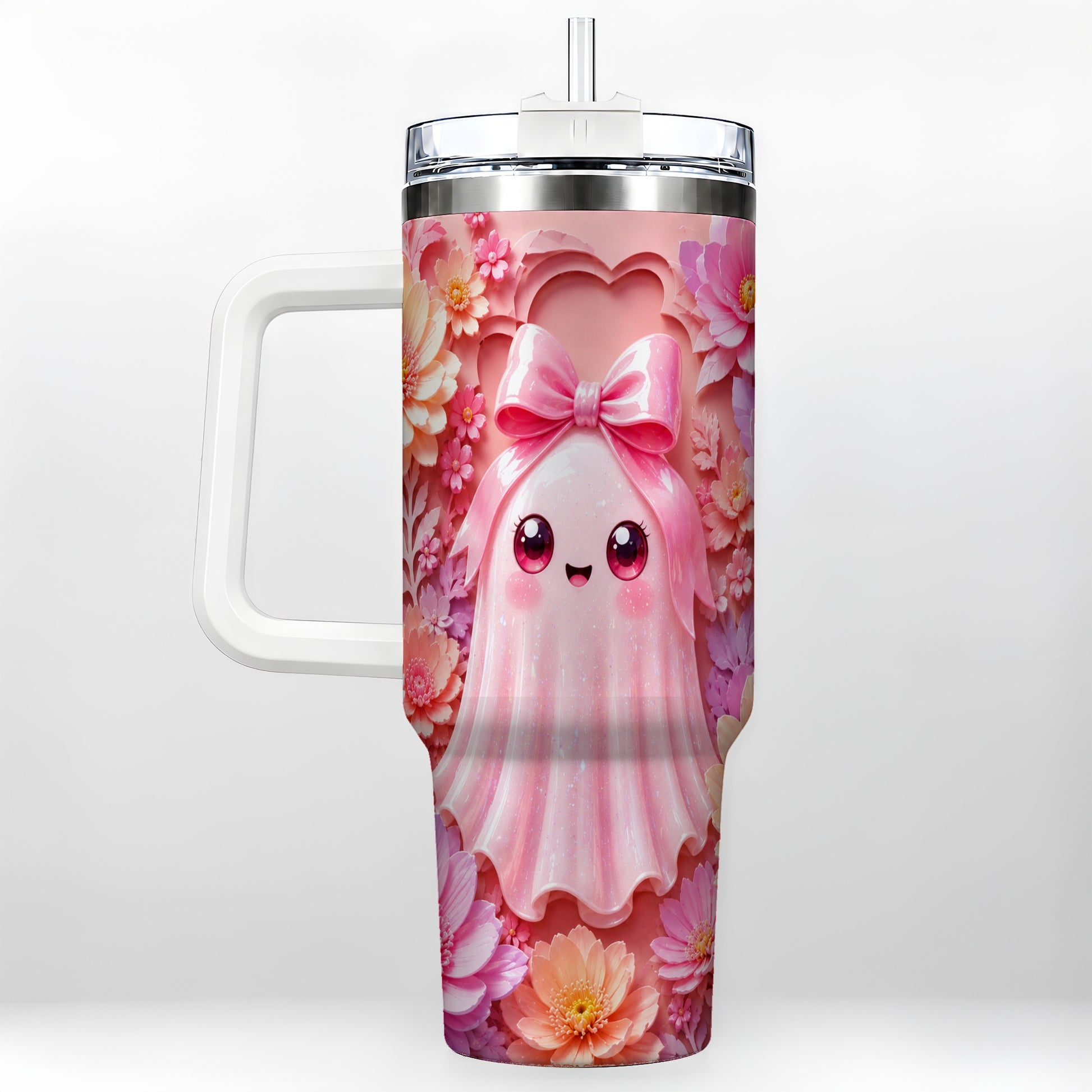 #pl[40oz|White] Pastel Ghost 40oz Tumbler, Floral Bow Kawaii Stainless Steel Travel Cup
